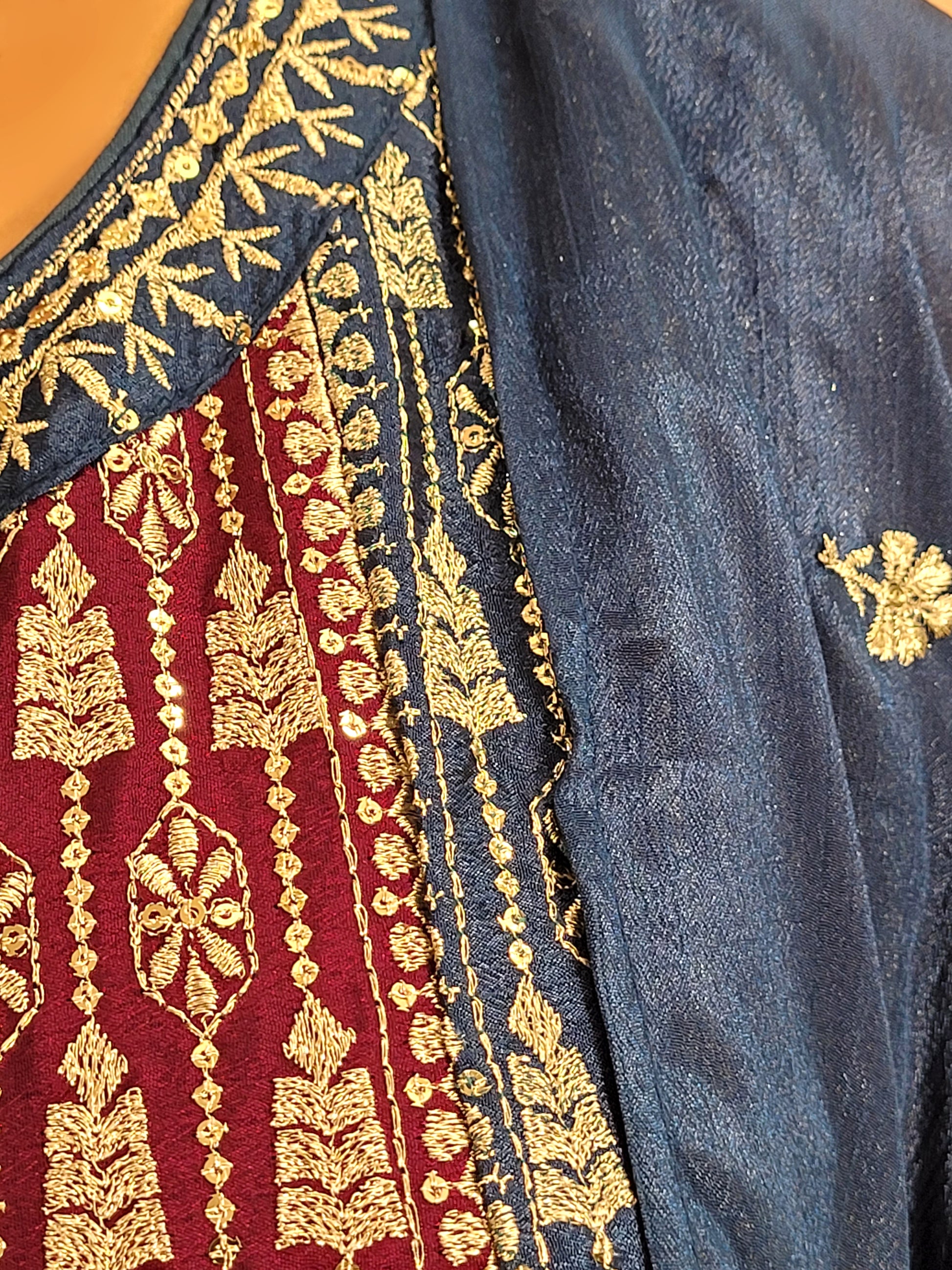 Navy Blue and Wine Pakistani Anarkali with Tulip Pants. Zari Work on Kameez, Bottom and Dupatta.