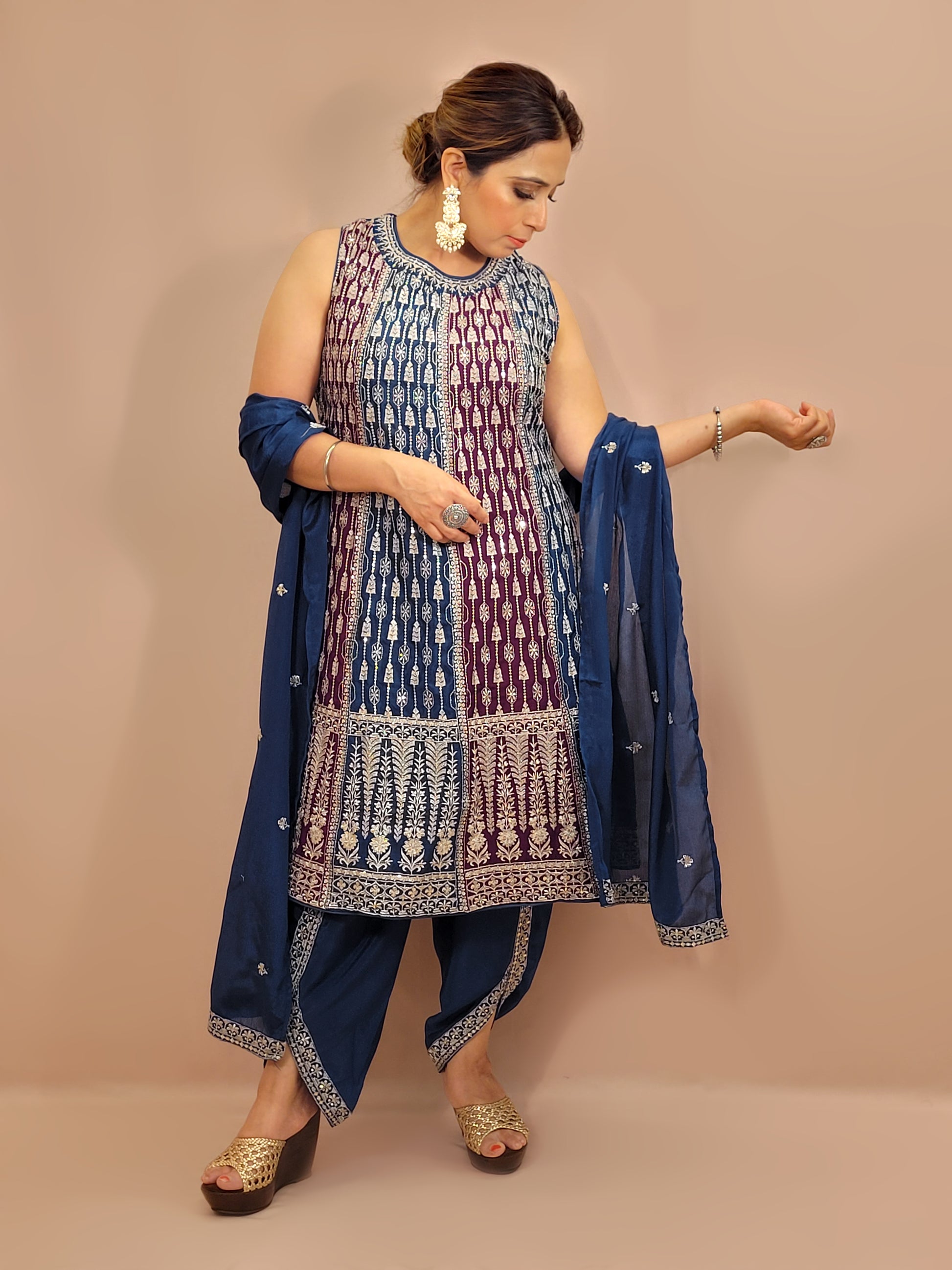 Navy Blue and Wine Pakistani Anarkali with Tulip Pants. Zari Work on Kameez, Bottom and Dupatta.