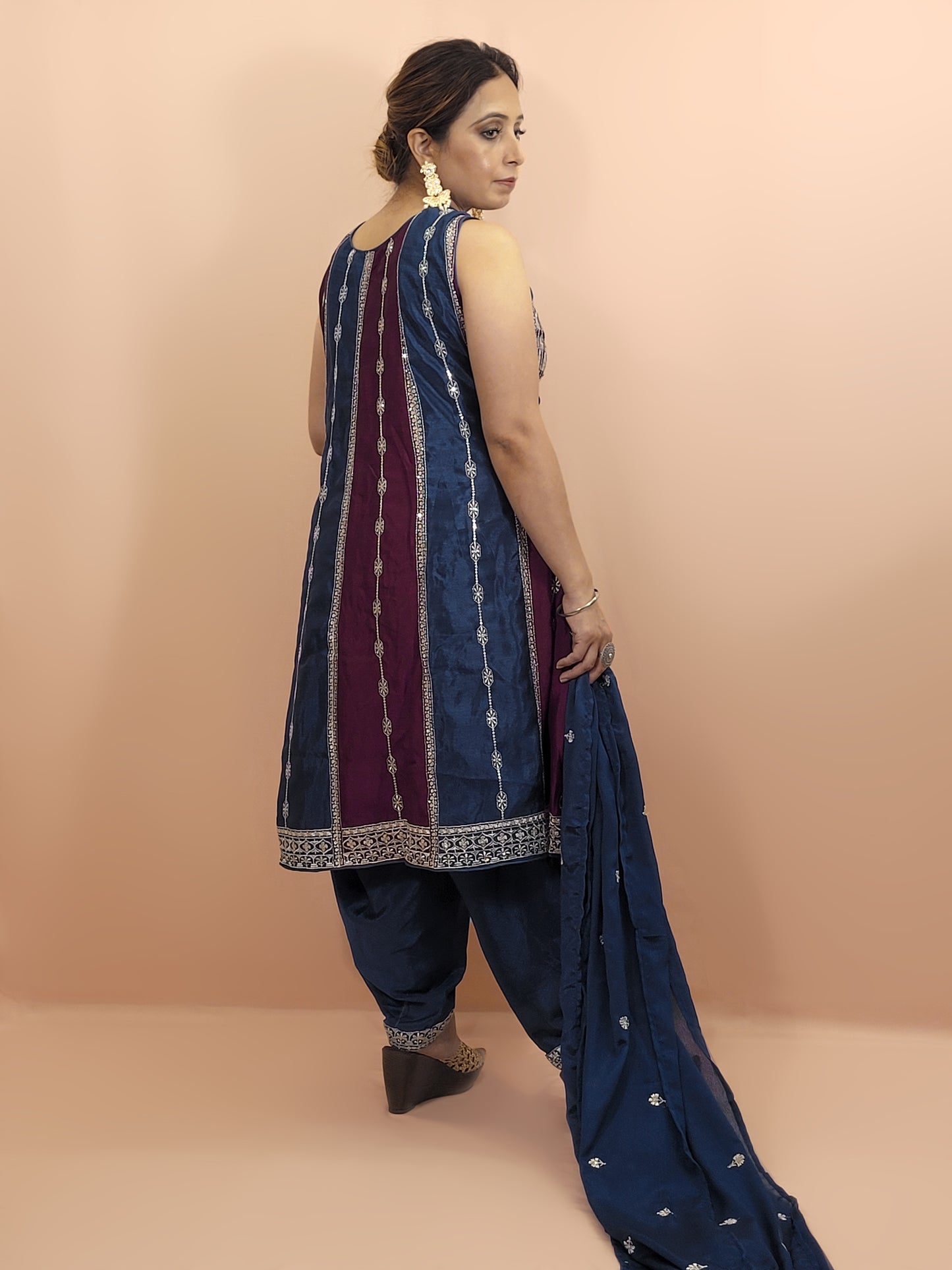 Navy Blue and Wine Pakistani Anarkali with Tulip Pants. Zari Work on Kameez, Bottom and Dupatta.