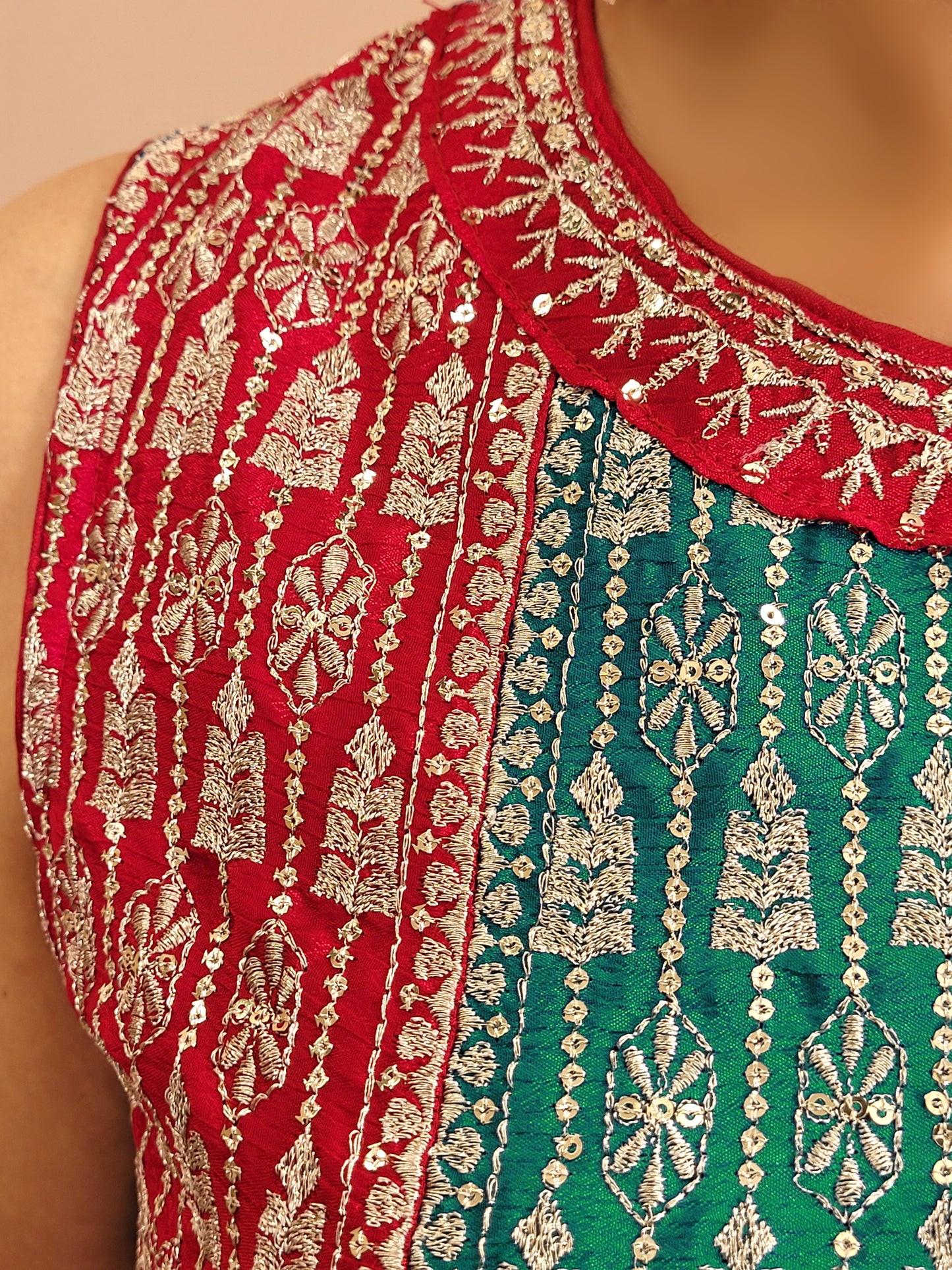 Red and Rama Green Pakistani Anarkali with Tulip Pants. Zari Work on Kameez, Bottom and Dupatta.
