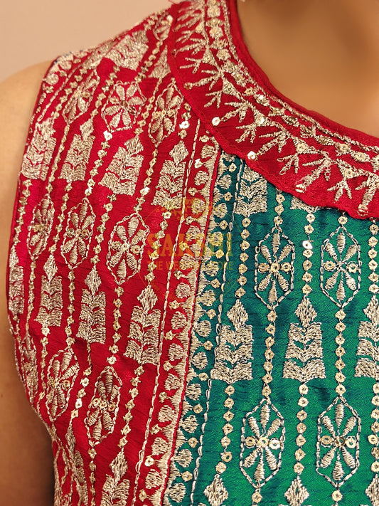 Red and Rama Green Pakistani Anarkali with Tulip Pants
