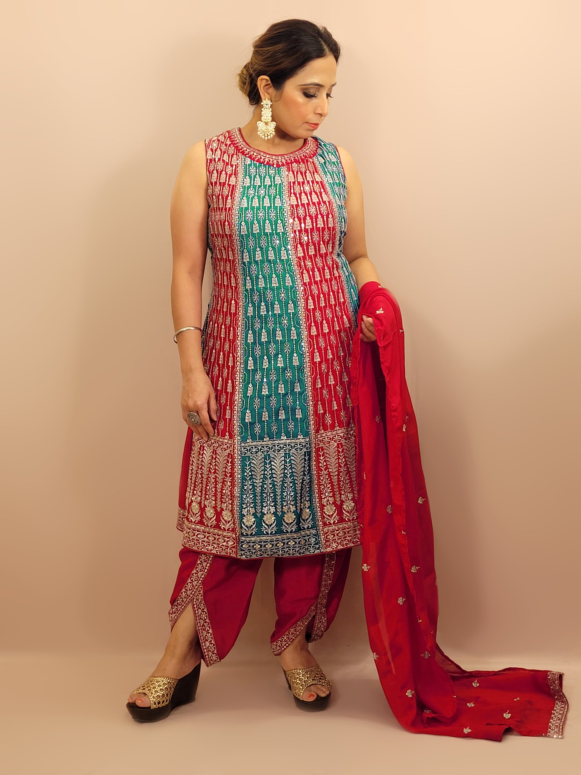 Red and Rama Green Pakistani Anarkali with Tulip Pants. Zari Work on Kameez, Bottom and Dupatta.