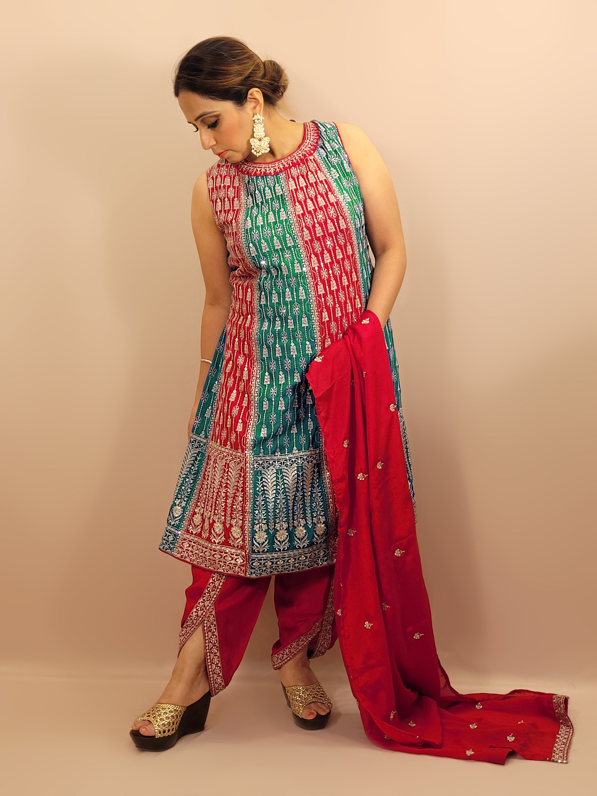 Red and Rama Green Pakistani Anarkali with Tulip Pants. Zari Work on Kameez, Bottom and Dupatta.
