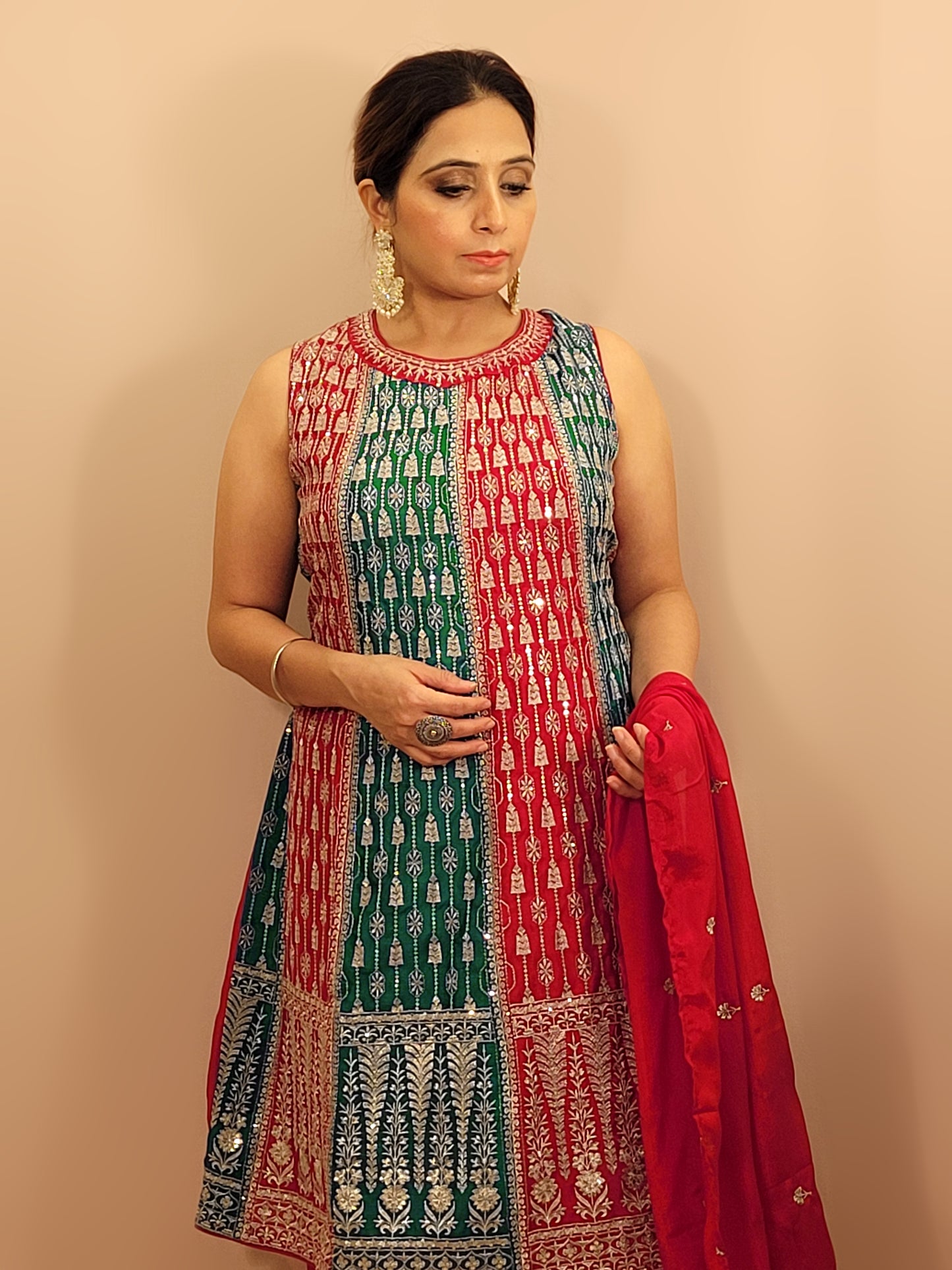 Red and Rama Green Pakistani Anarkali with Tulip Pants. Zari Work on Kameez, Bottom and Dupatta.
