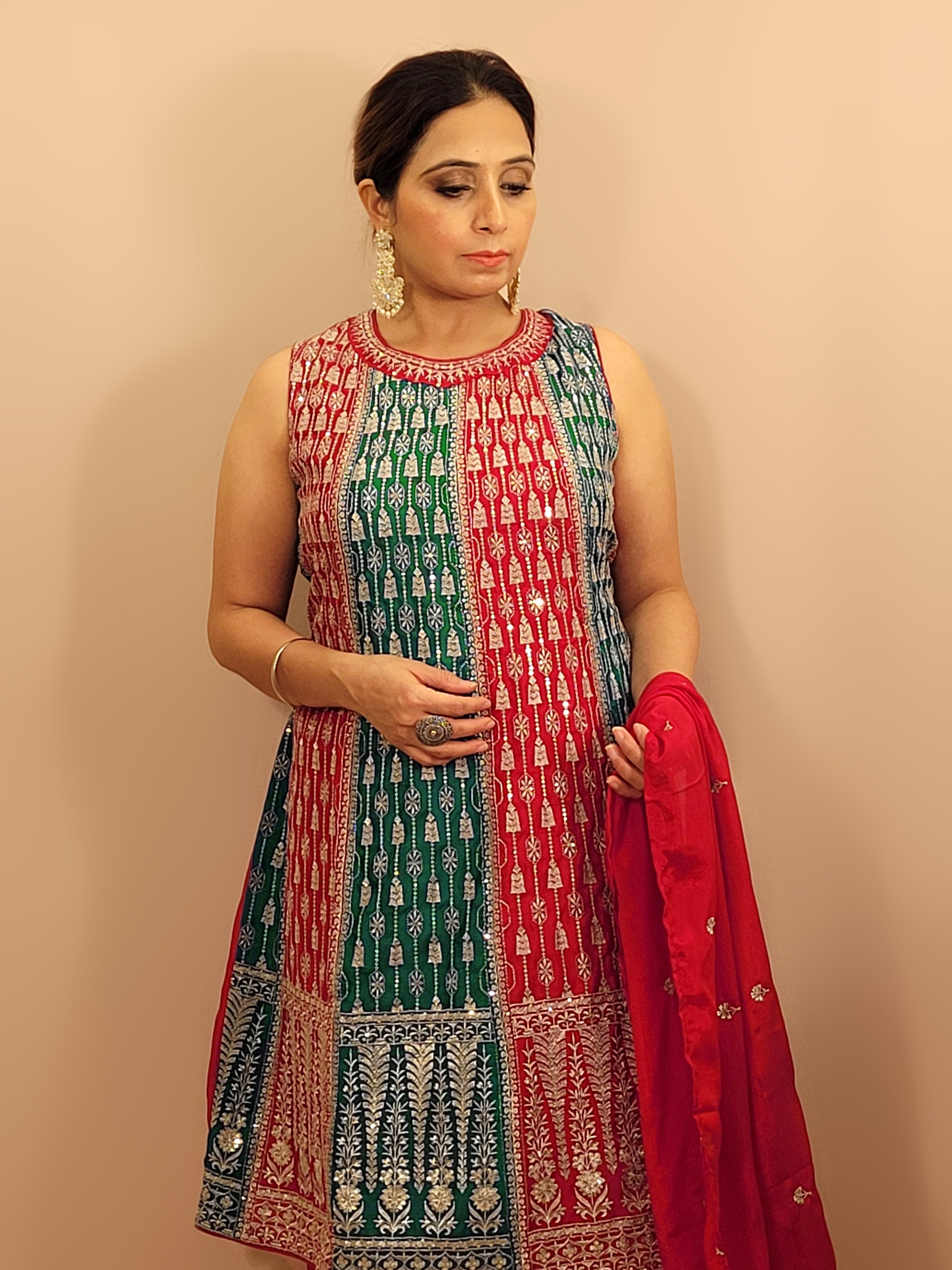 Red and Rama Green Pakistani Anarkali with Tulip Pants. Zari Work on Kameez, Bottom and Dupatta.