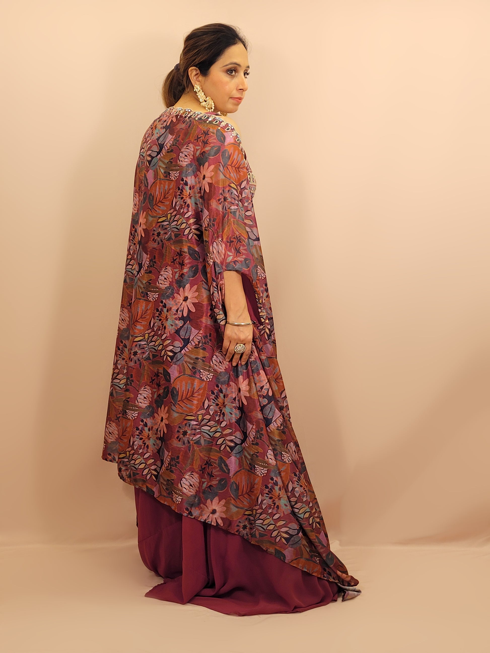 Plum Brown Indowestern Palazzo Top Set with digital printed Shrug. Resham, Zari and Zarkan work on top.
