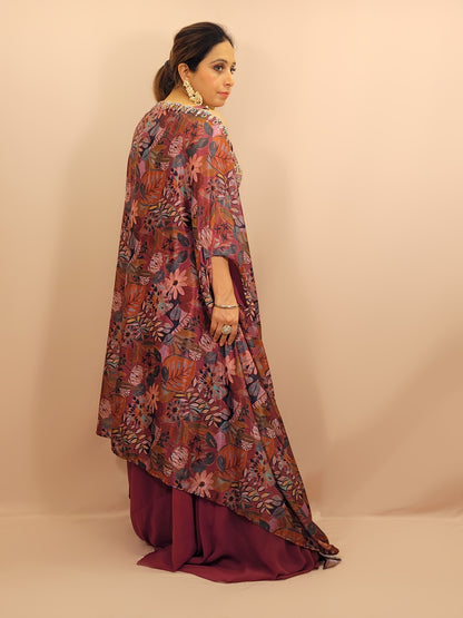Plum Brown Indowestern Palazzo Top Set with digital printed Shrug. Resham, Zari and Zarkan work on top.