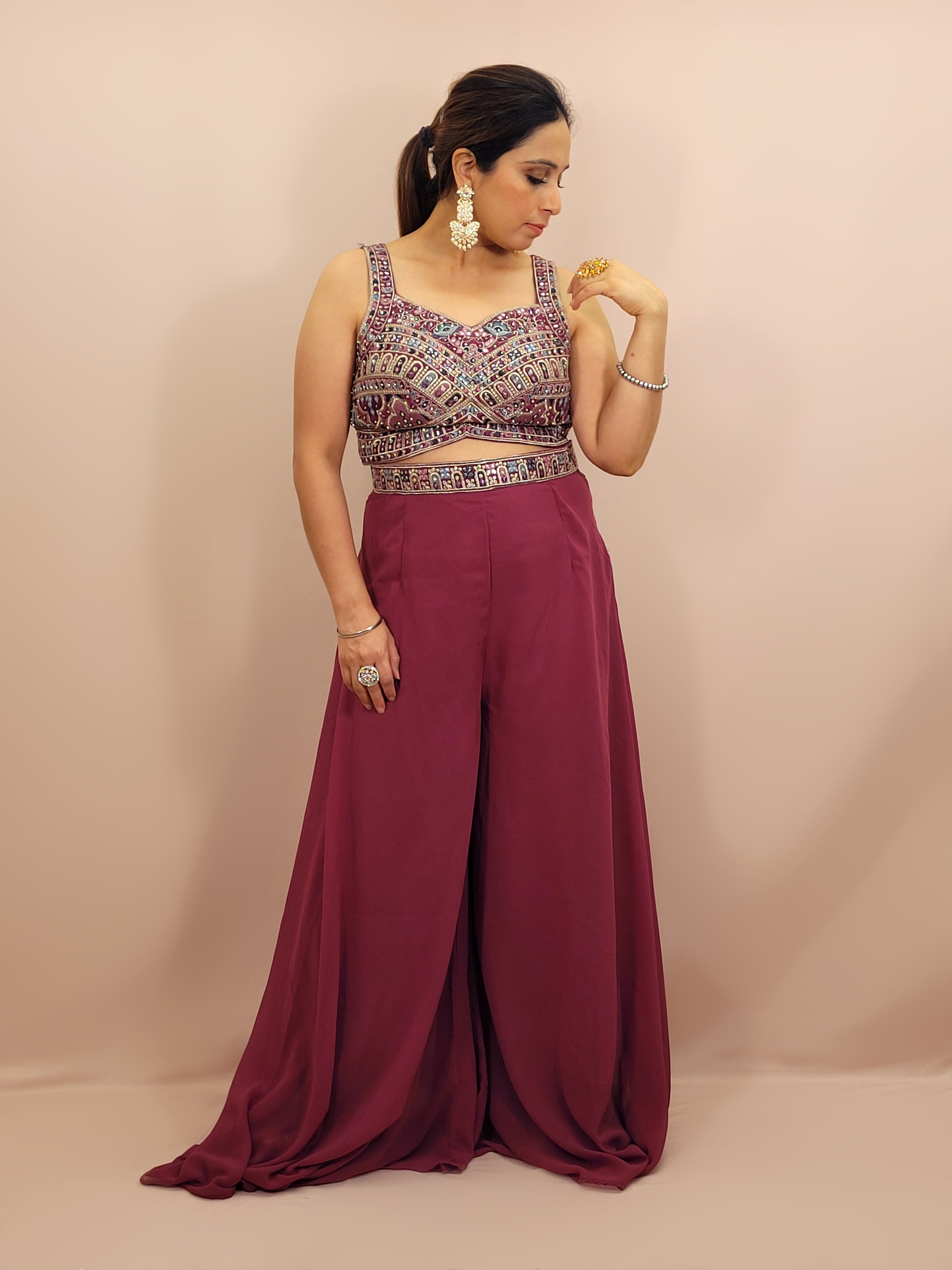 Plum Brown Indowestern Palazzo Top Set with digital printed Shrug. Resham, Zari and Zarkan work on top.