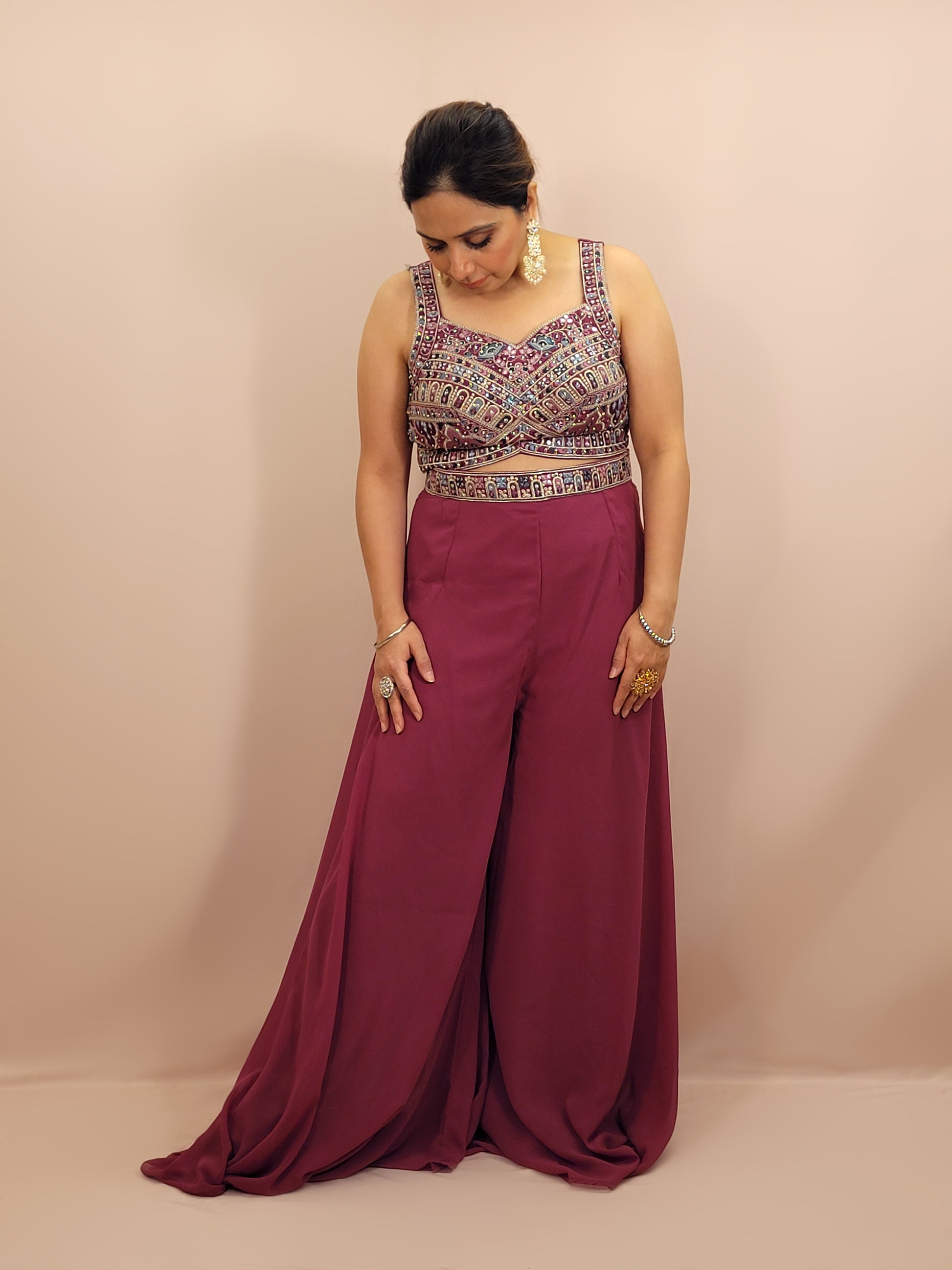 Plum Brown Indowestern Palazzo Top Set with digital printed Shrug. Resham, Zari and Zarkan work on top.
