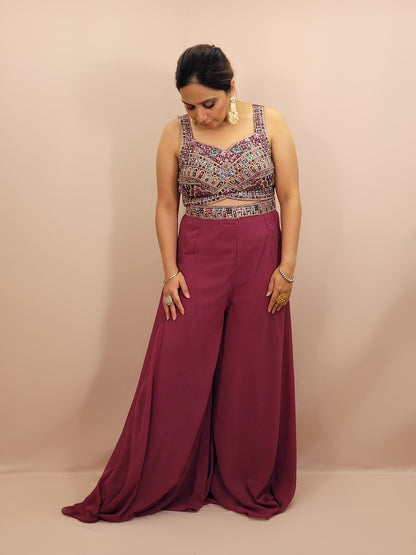 Plum Brown Indowestern Palazzo Top Set with digital printed Shrug. Resham, Zari and Zarkan work on top.