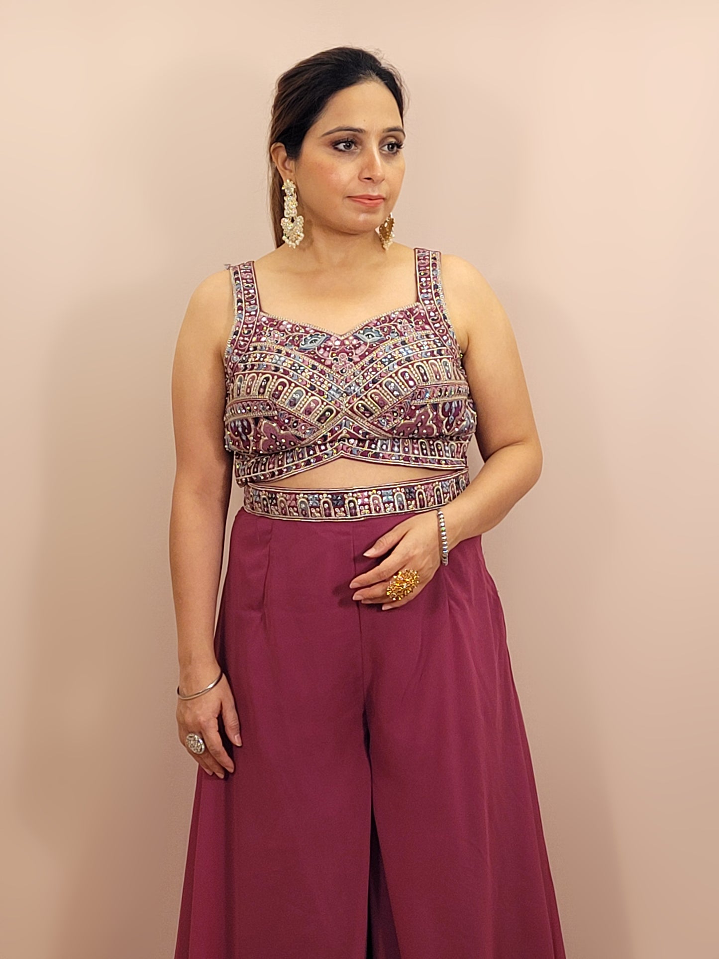 Plum Brown Indowestern Palazzo Top Set with digital printed Shrug. Resham, Zari and Zarkan work on top.