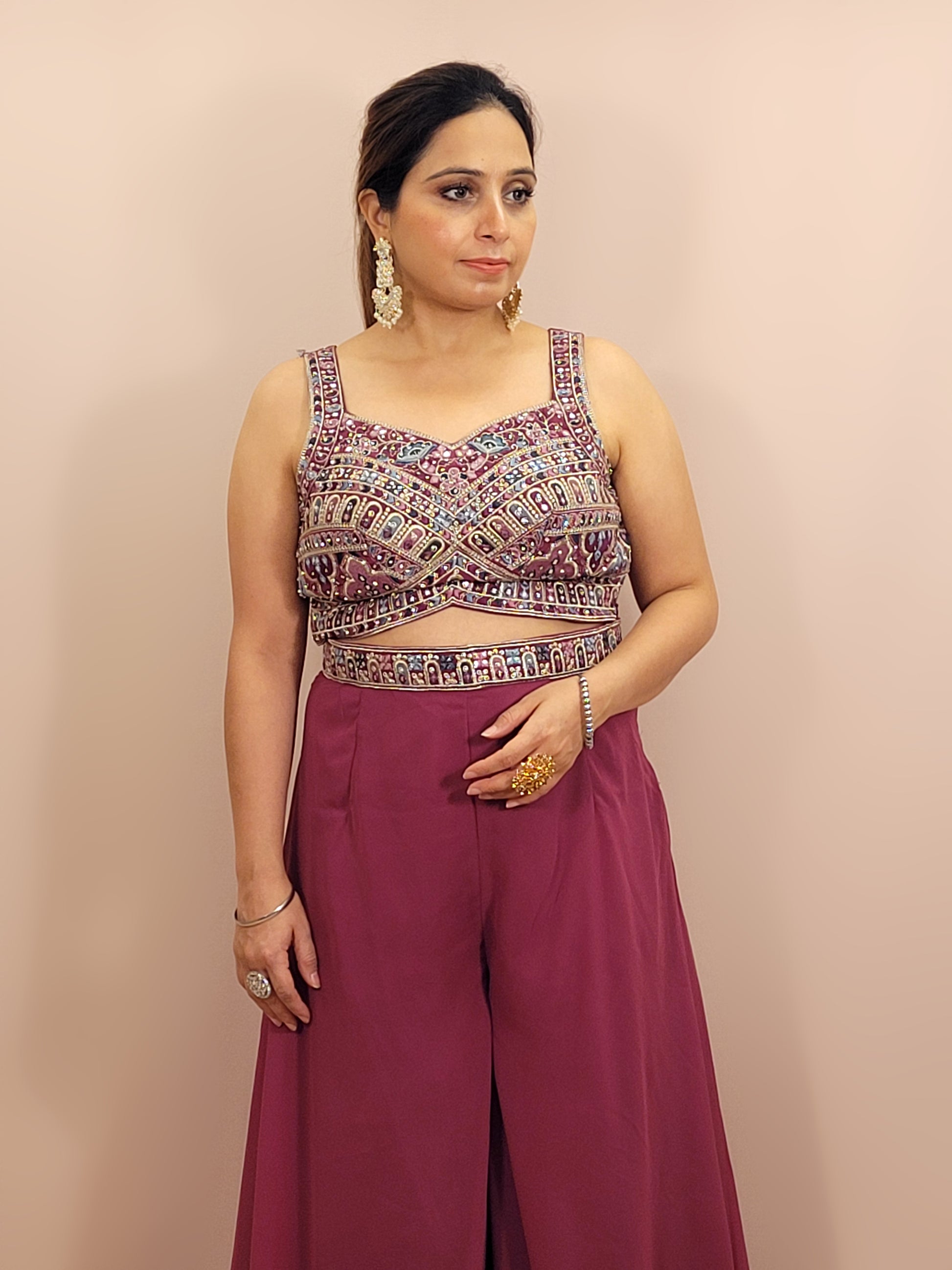 Plum Brown Indowestern Palazzo Top Set with digital printed Shrug. Resham, Zari and Zarkan work on top.