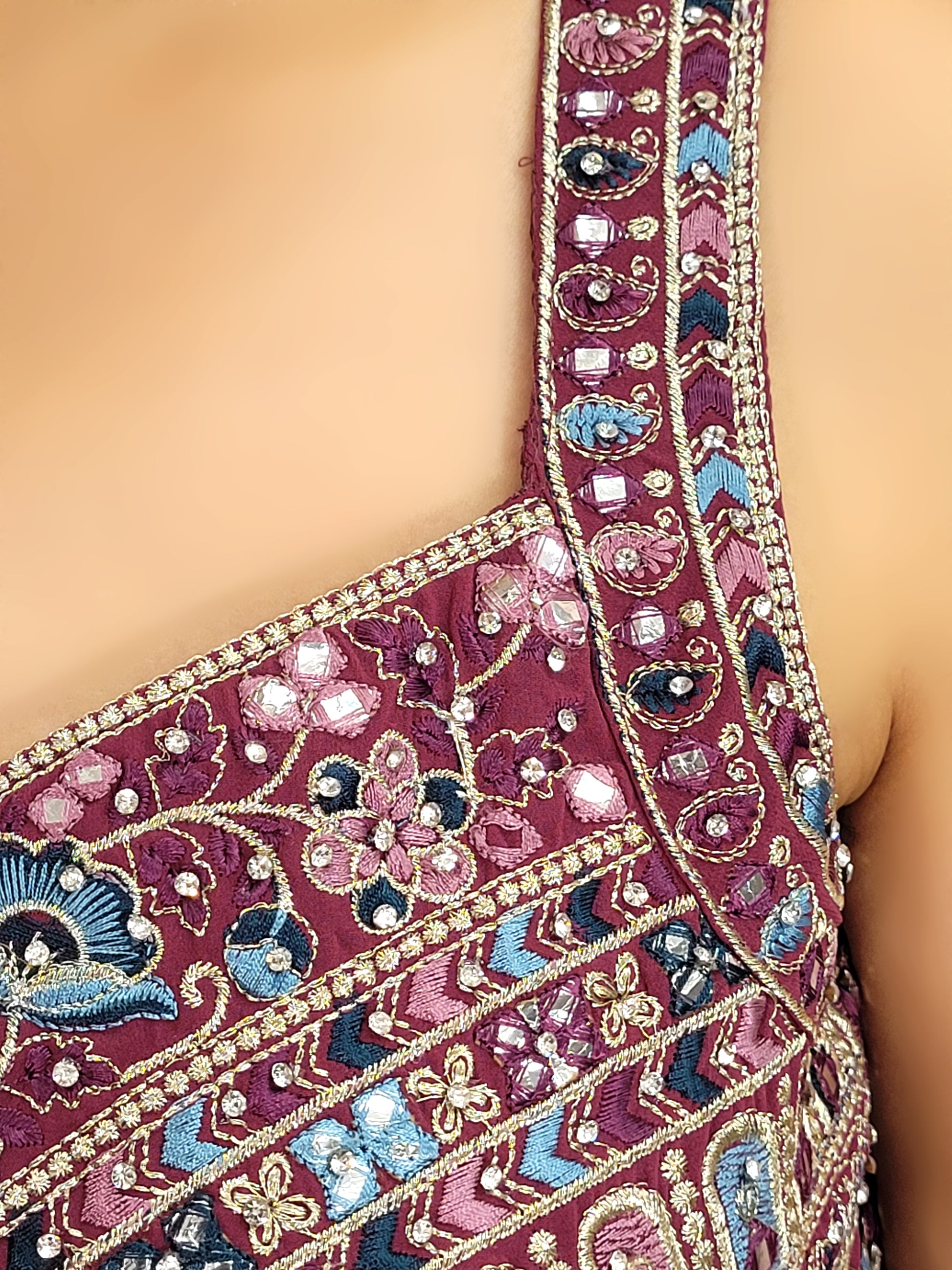 Plum Brown Indowestern Palazzo Top Set with digital printed Shrug. Resham, Zari and Zarkan work on top.