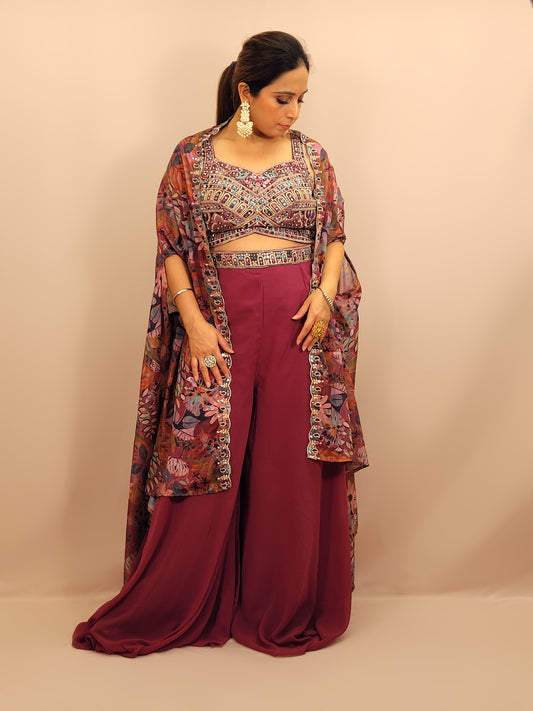 Plum Brown Indowestern Palazzo Top Set with digital printed Shrug. Resham, Zari and Zarkan work on top.