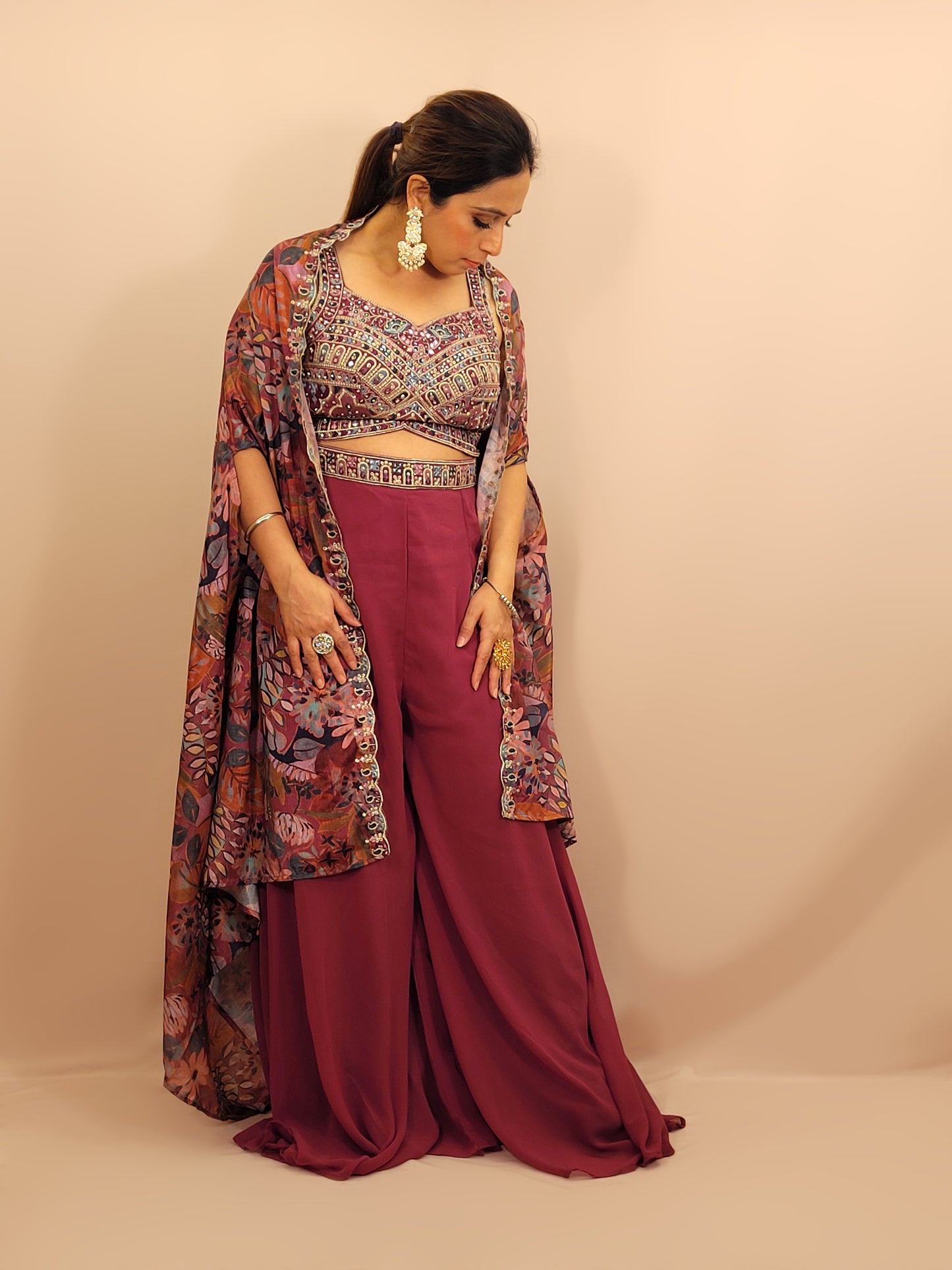 Plum Brown Indowestern Palazzo Top Set with digital printed Shrug. Resham, Zari and Zarkan work on top.