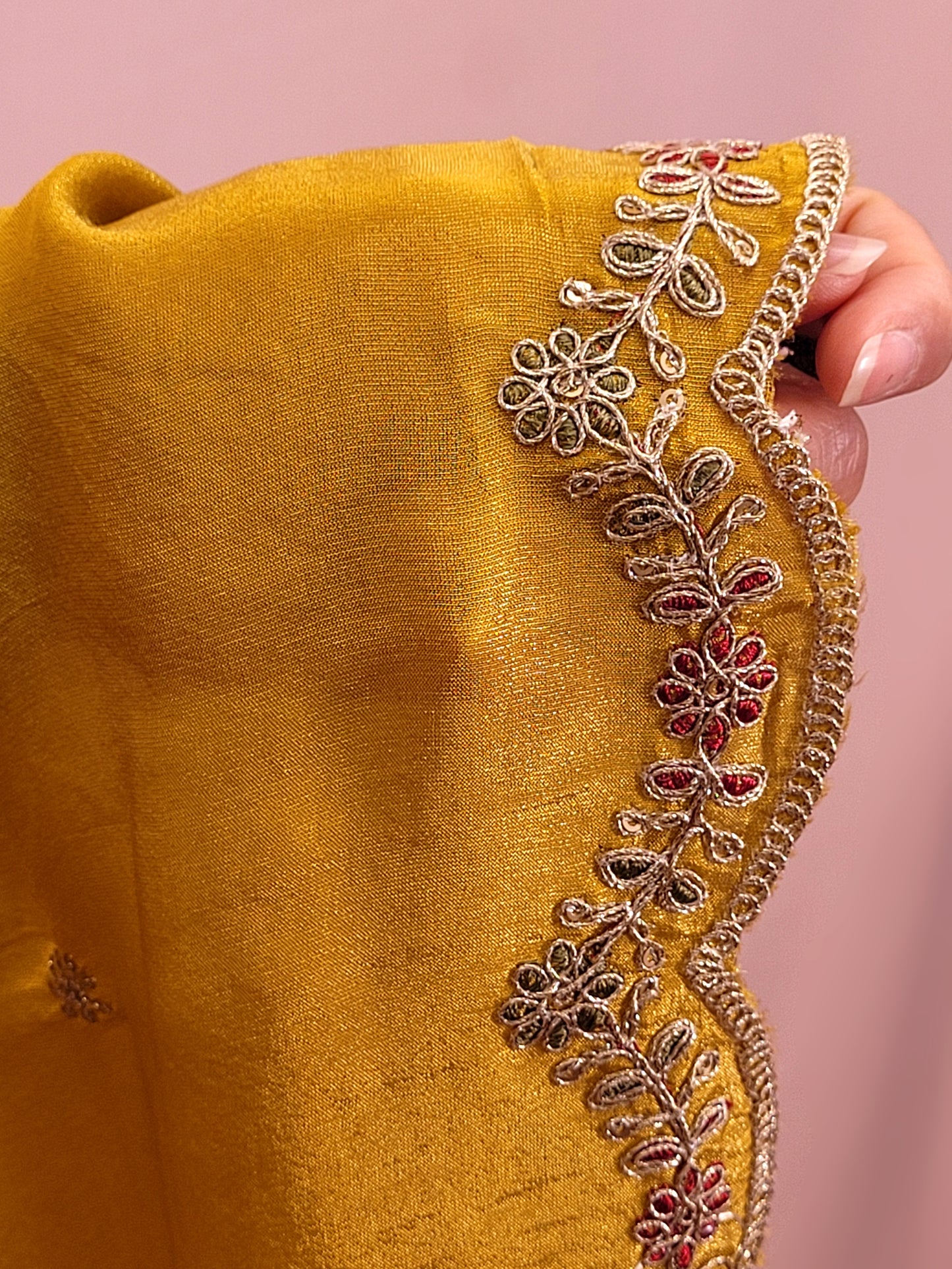 Shimmer Floral Mustard Yellow Straight Suit. Digital Floral Print on Kameez highlighted with Resham, Dabka and sequins. Matching Pants and Scalloping Dupatta.