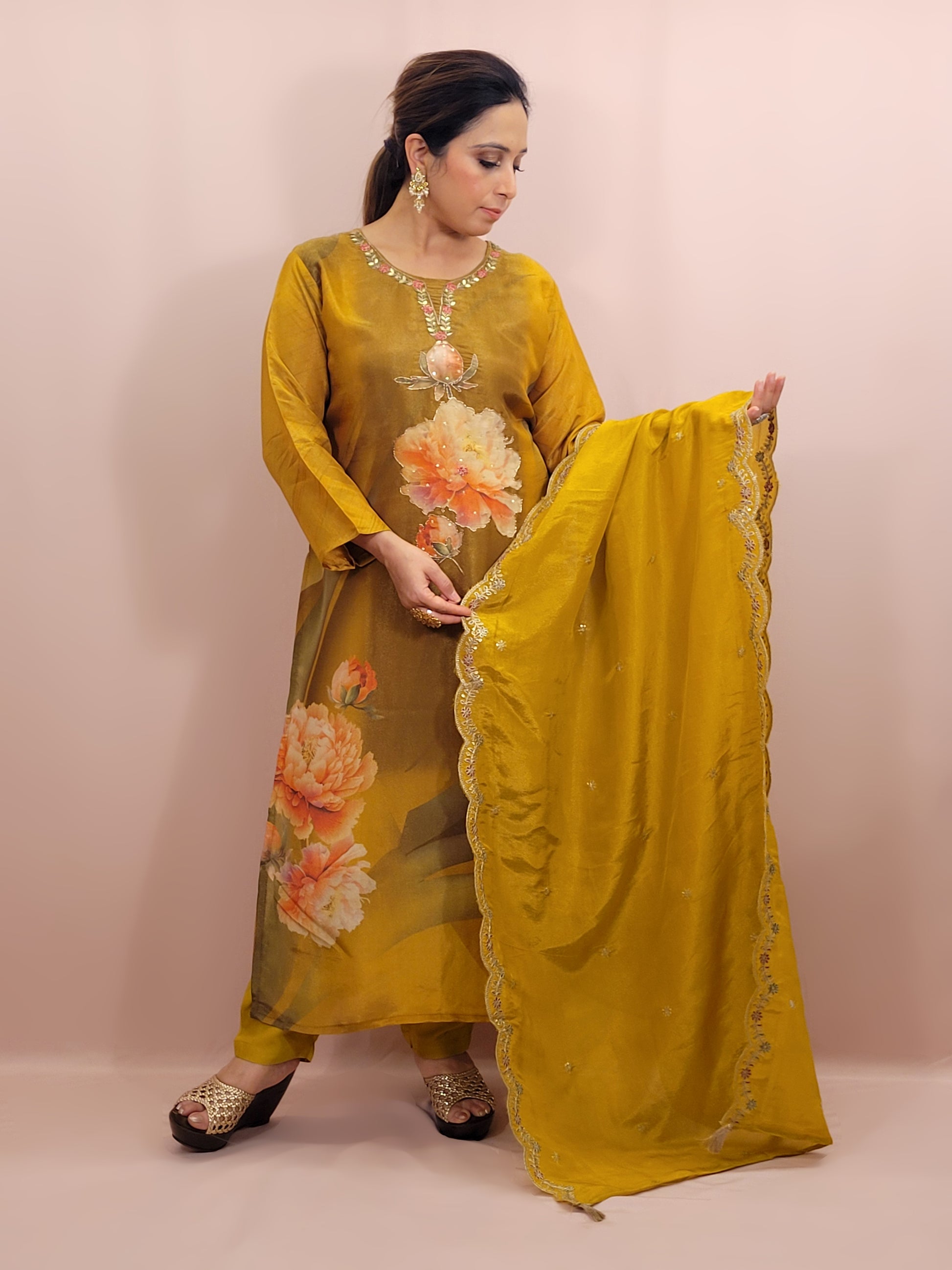Shimmer Floral Mustard Yellow Straight Suit. Digital Floral Print on Kameez highlighted with Resham, Dabka and sequins. Matching Pants and Scalloping Dupatta.