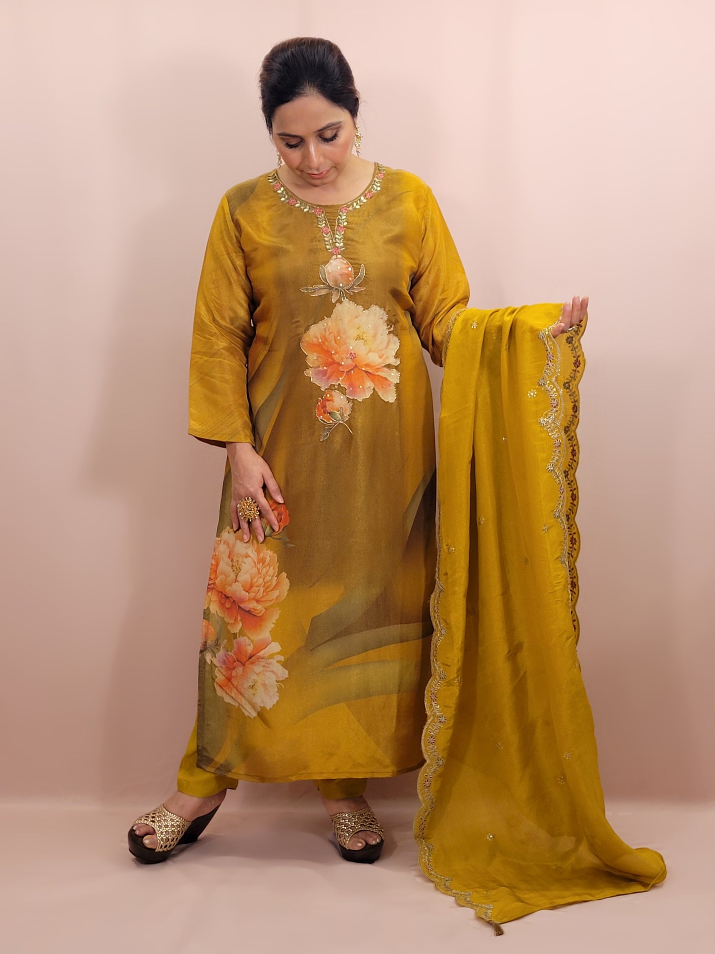 Shimmer Floral Mustard Yellow Straight Suit. Digital Floral Print on Kameez highlighted with Resham, Dabka and sequins. Matching Pants and Scalloping Dupatta.