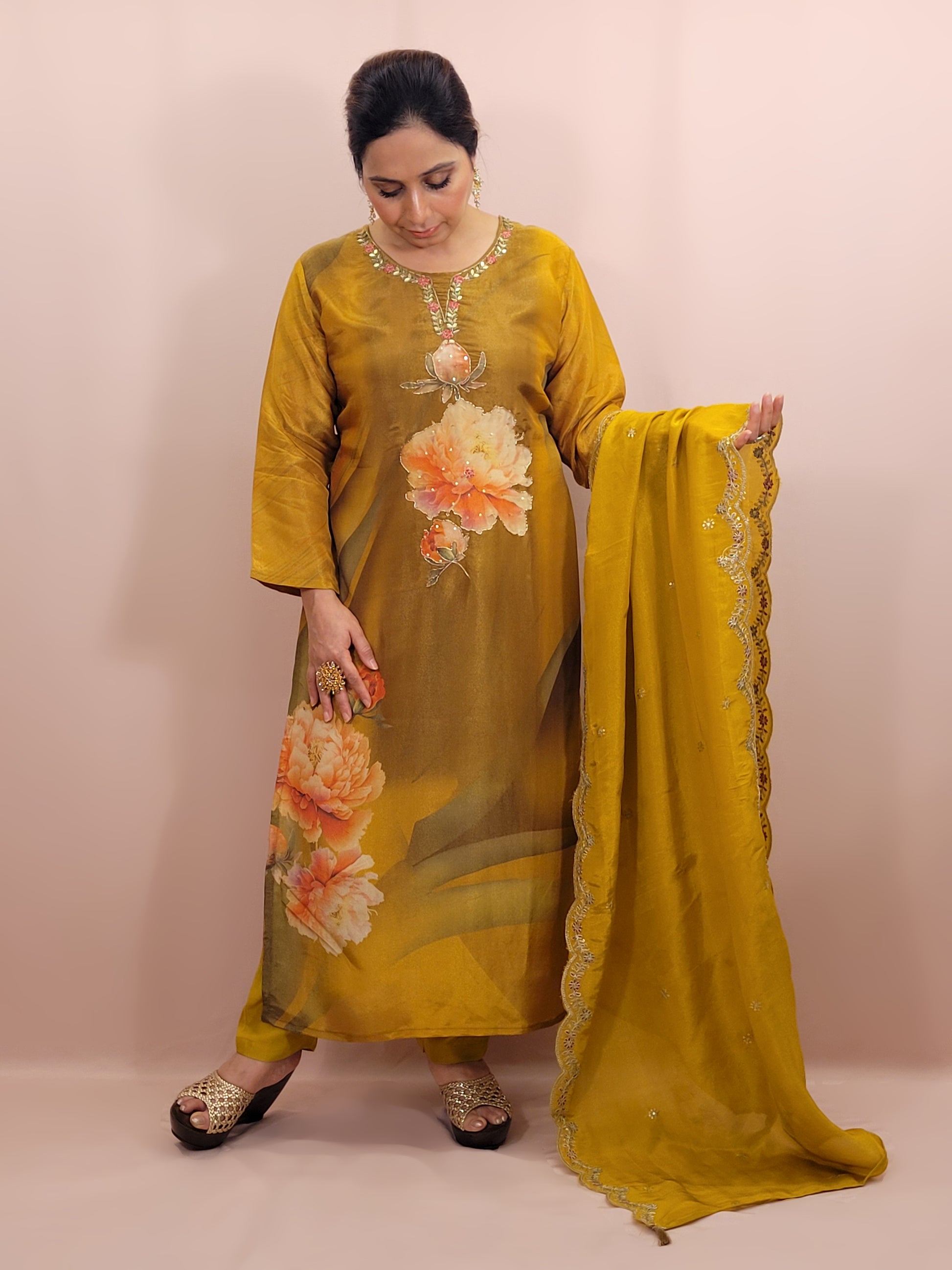 Shimmer Floral Mustard Yellow Straight Suit. Digital Floral Print on Kameez highlighted with Resham, Dabka and sequins. Matching Pants and Scalloping Dupatta.