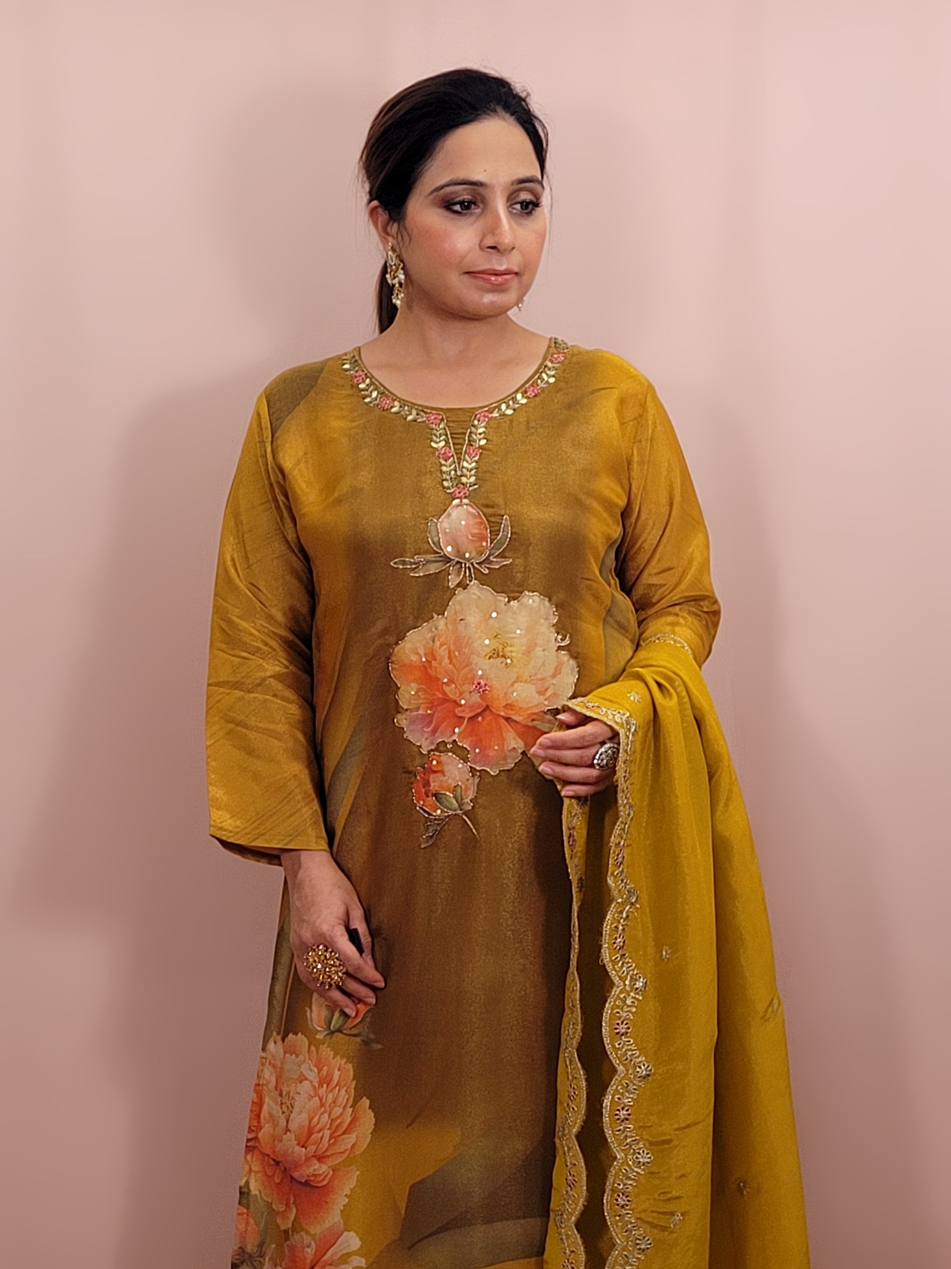 Shimmer Floral Mustard Yellow Straight Suit. Digital Floral Print on Kameez highlighted with Resham, Dabka and sequins. Matching Pants and Scalloping Dupatta.