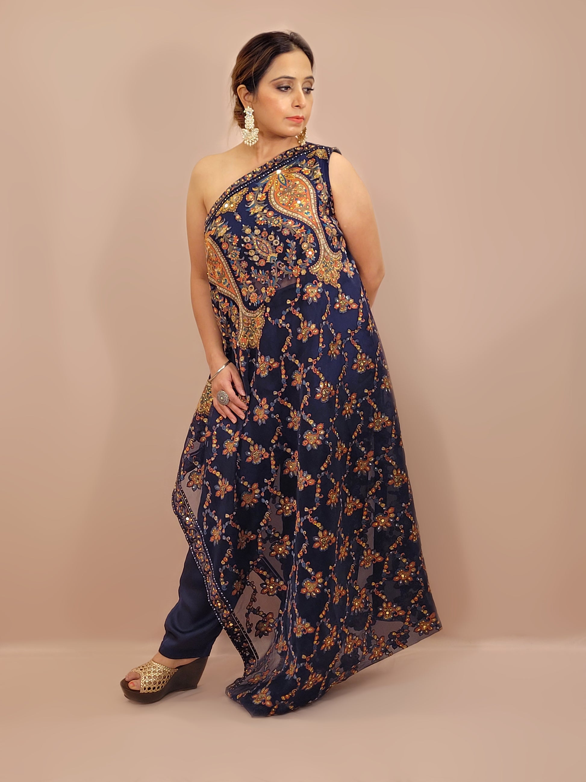 One Sided Blue Kaftaan Dress. Multi Color Digital Print Organza Brasso Kaftan with Mirror Work Belt. Matching Pants.