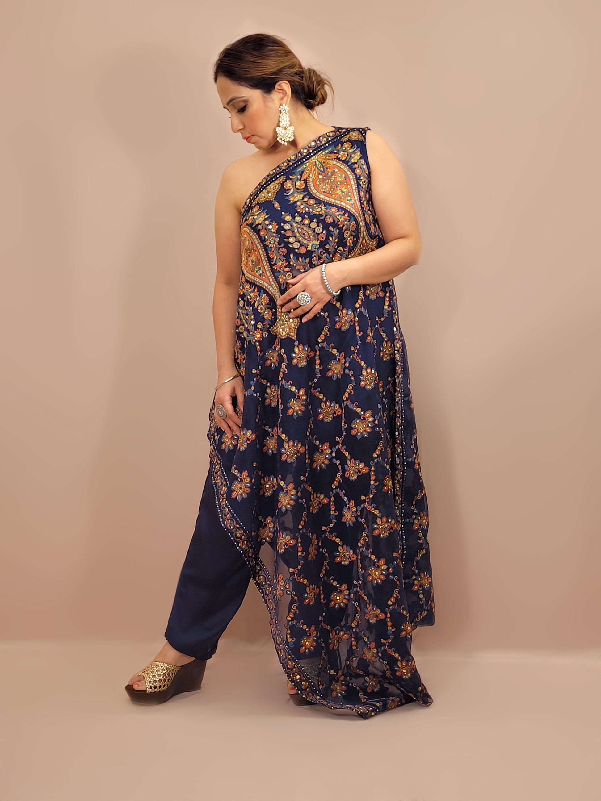 One Sided Blue Kaftaan Dress. Multi Color Digital Print Organza Brasso Kaftan with Mirror Work Belt. Matching Pants.