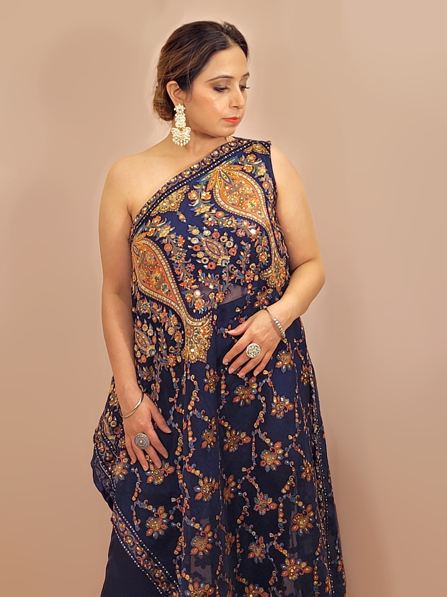One Sided Blue Kaftaan Dress. Multi Color Digital Print Organza Brasso Kaftan with Mirror Work Belt. Matching Pants.