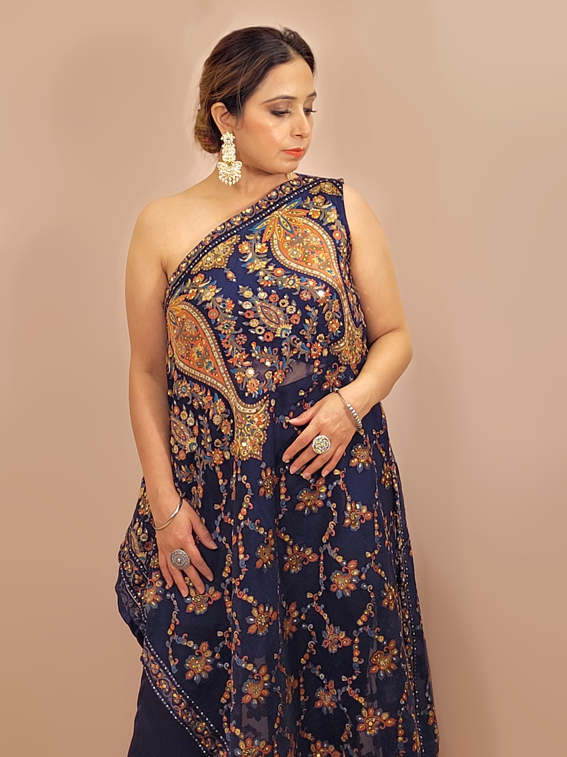 One Sided Blue Kaftaan Dress. Multi Color Digital Print Organza Brasso Kaftan with Mirror Work Belt. Matching Pants.