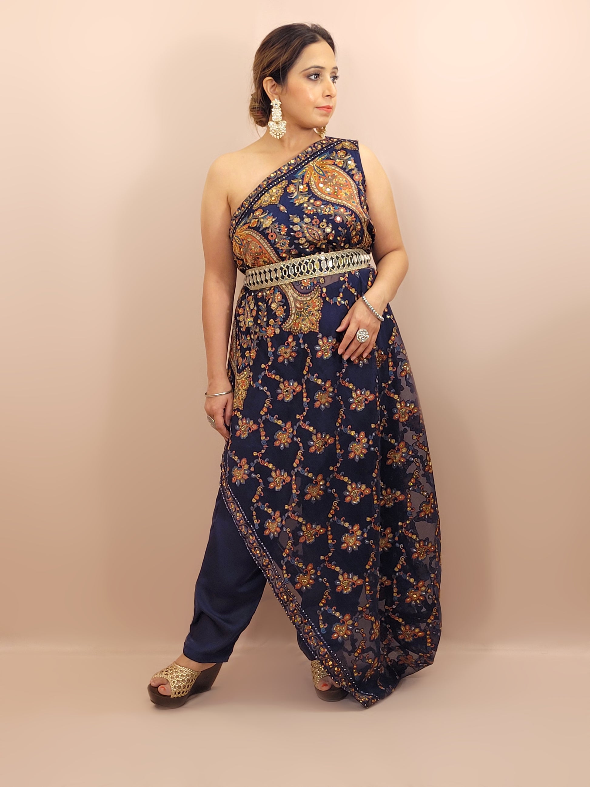 One Sided Blue Kaftaan Dress. Multi Color Digital Print Organza Brasso Kaftan with Mirror Work Belt. Matching Pants.