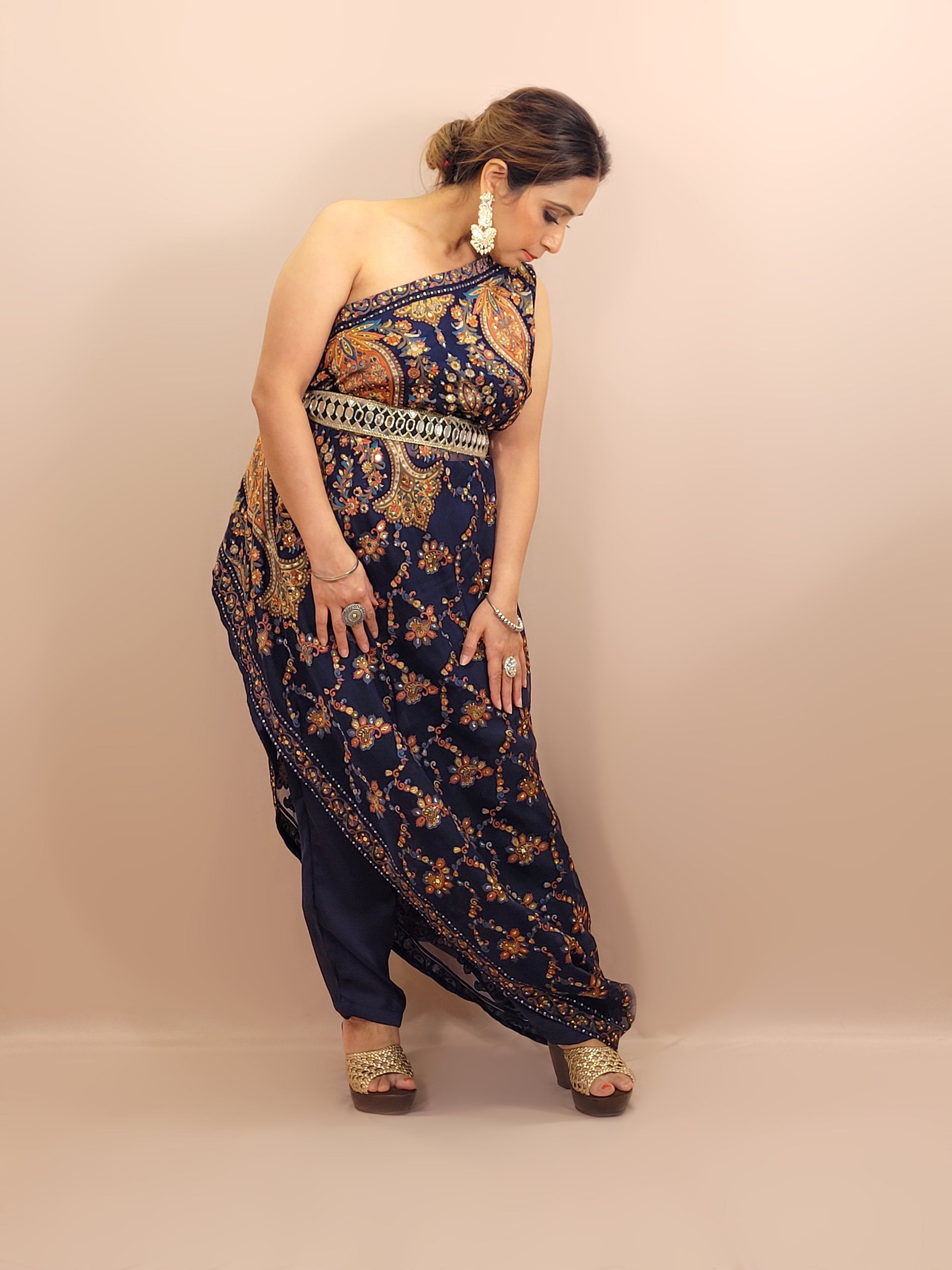 One Sided Blue Kaftaan Dress. Multi Color Digital Print Organza Brasso Kaftan with Mirror Work Belt. Matching Pants.