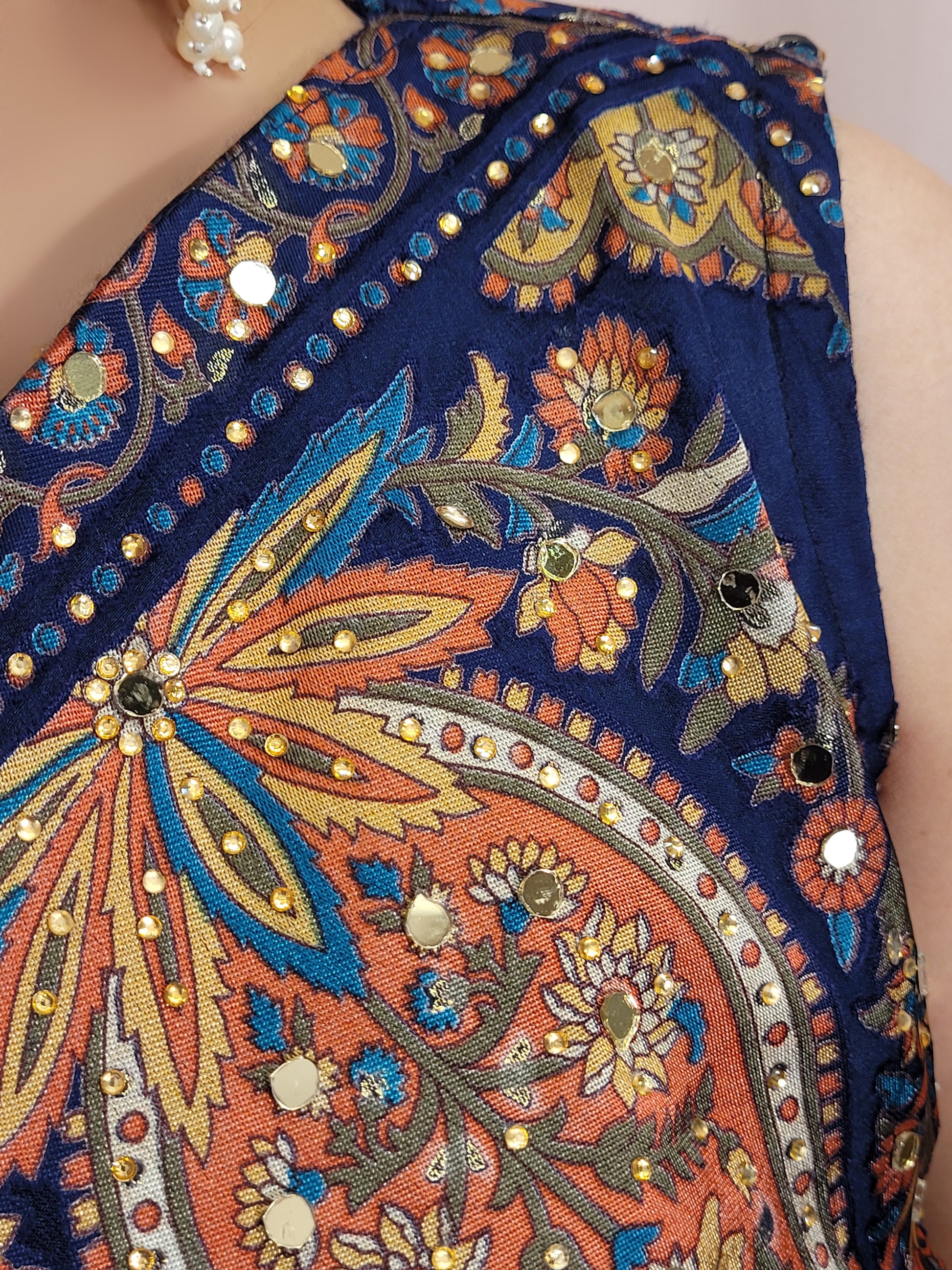 One Sided Blue Kaftaan Dress. Multi Color Digital Print Organza Brasso Kaftan with Mirror Work Belt. Matching Pants.