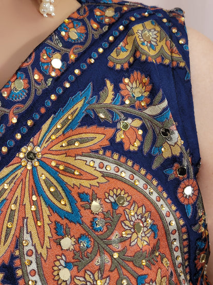 One Sided Blue Kaftaan Dress. Multi Color Digital Print Organza Brasso Kaftan with Mirror Work Belt. Matching Pants.