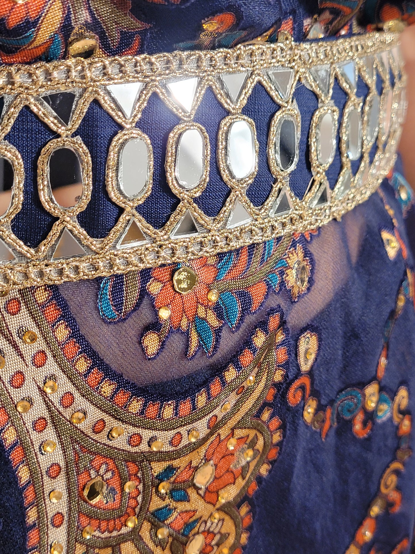 One Sided Blue Kaftaan Dress. Multi Color Digital Print Organza Brasso Kaftan with Mirror Work Belt. Matching Pants.