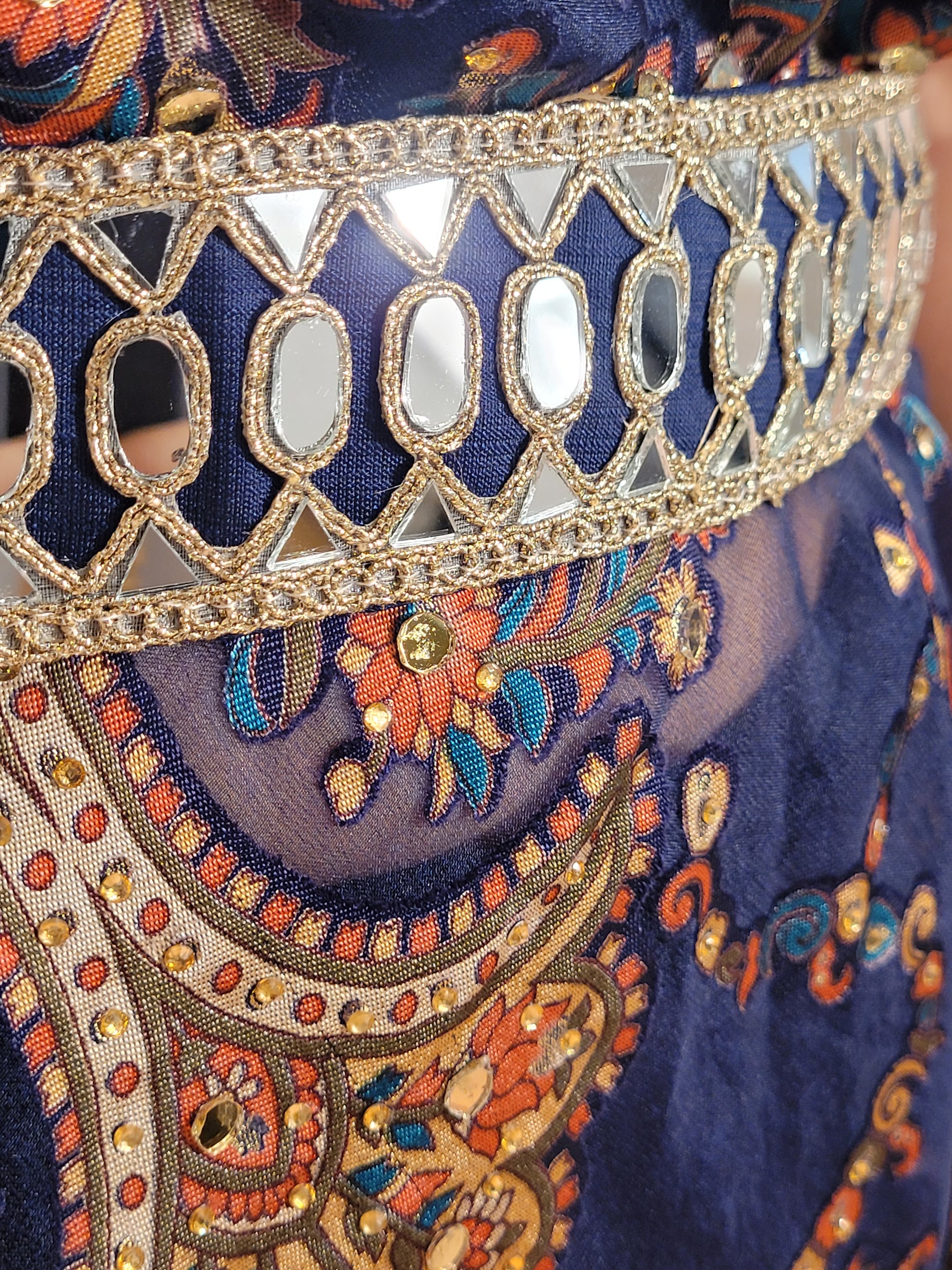 One Sided Blue Kaftaan Dress. Multi Color Digital Print Organza Brasso Kaftan with Mirror Work Belt. Matching Pants.