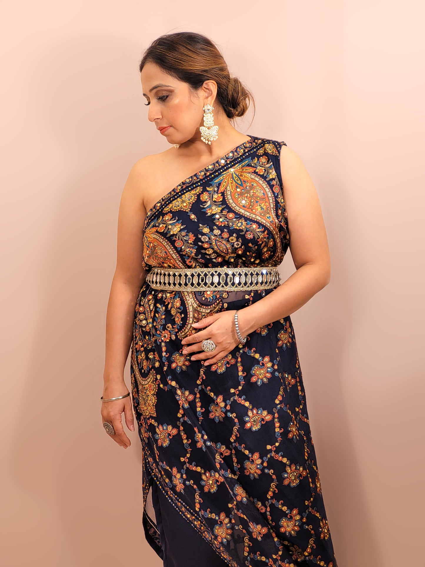 One Sided Blue Kaftaan Dress. Multi Color Digital Print Organza Brasso Kaftan with Mirror Work Belt. Matching Pants.