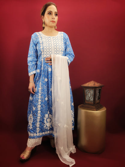 Embrace effortless style with the Floral Chikankari Anarkali Kurti Set, a versatile piece that transitions seamlessly from casual outings to office wear and summer parties. The stunning blue cotton base is adorned with a delicate floral print, further accentuated by intricate chikankari embroidery.