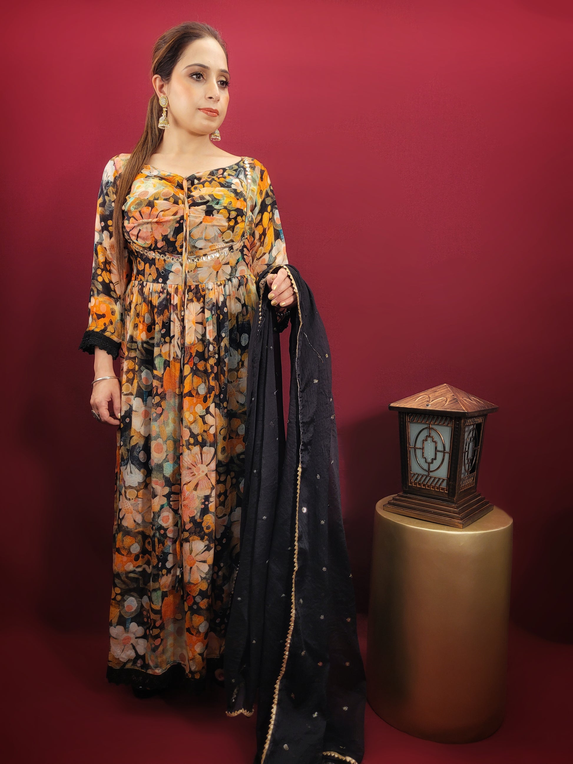 Make a dazzling statement in this stunning Alia Cut Suit Set, perfect for light parties and festive occasions. The vibrant multicolor digital print on a black Georgette base creates a mesmerizing look that will turn heads wherever you go.