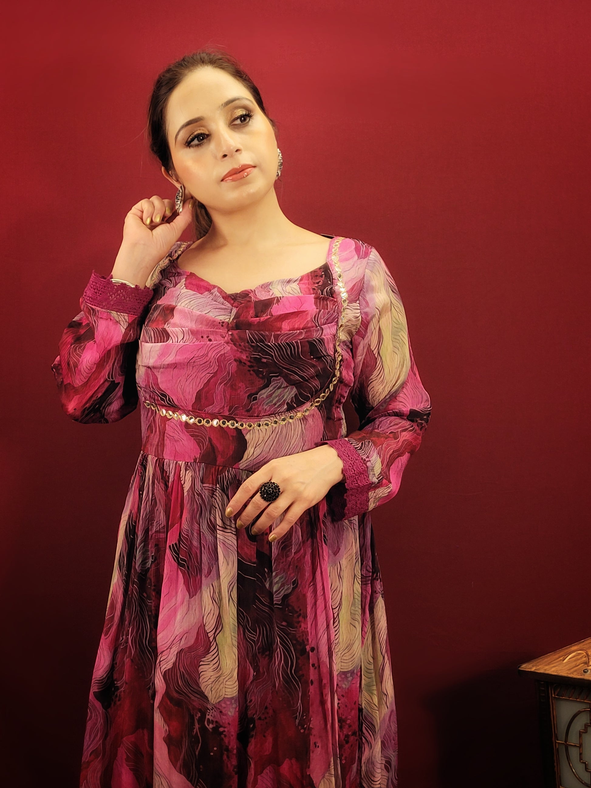 Alia Suit - Color: Multicolor on Magenta Base Fabric: Georgette Includes: Kurta, Afghani Pant, Dupatta