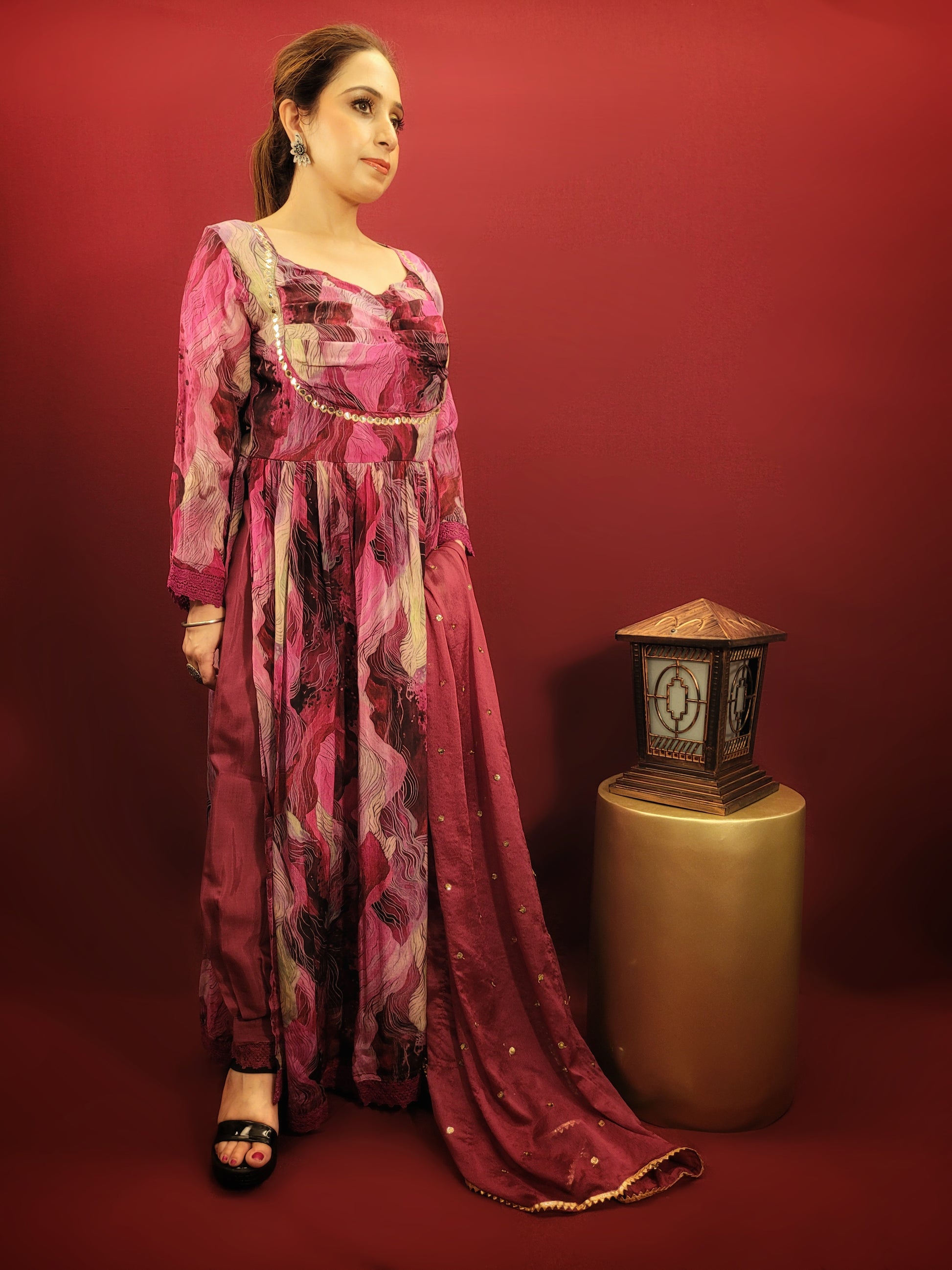 Alia Suit - Color: Multicolor on Magenta Base Fabric: Georgette Includes: Kurta, Afghani Pant, Dupatta