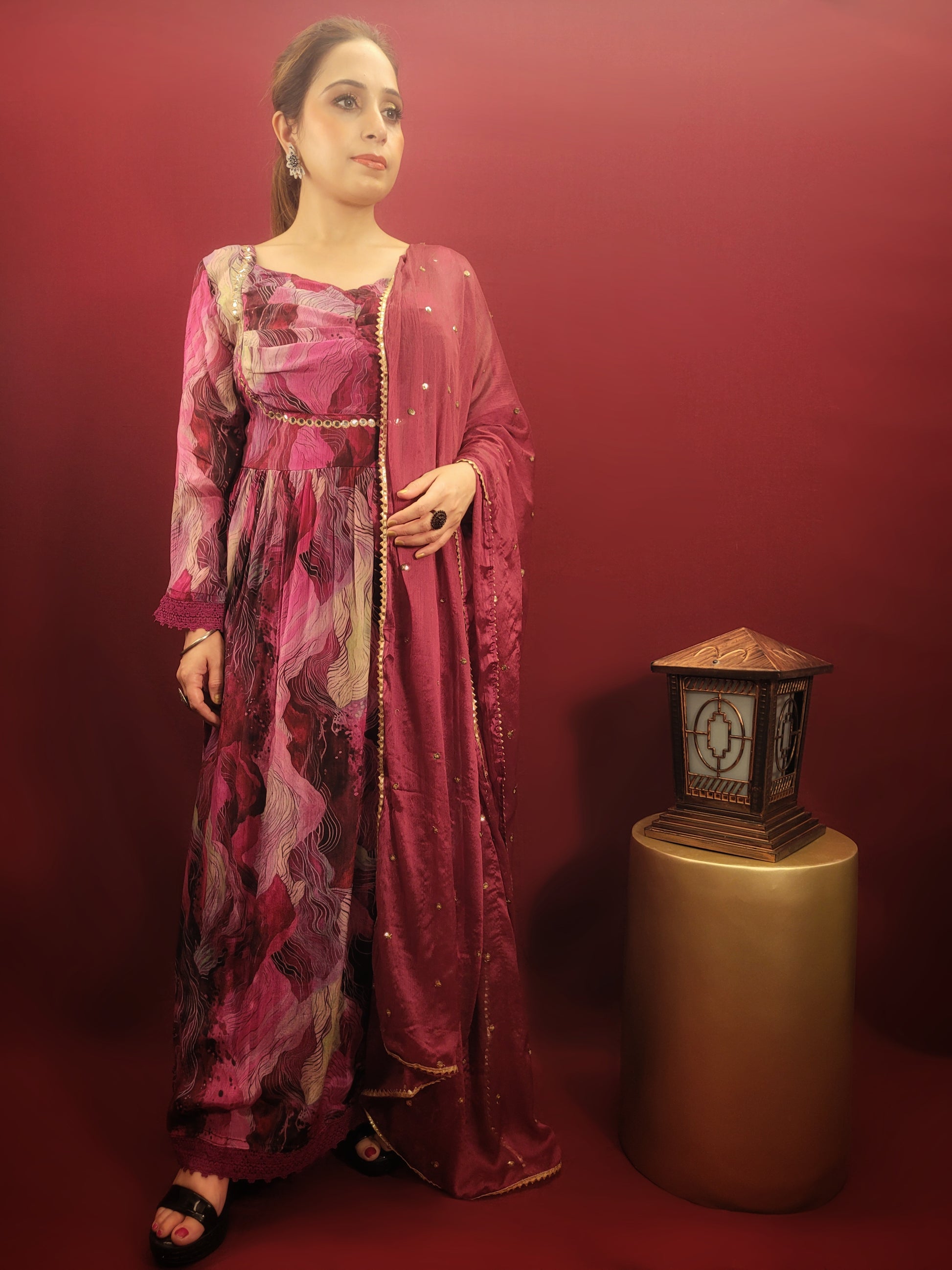 Alia Suit - Color: Multicolor on Magenta Base Fabric: Georgette Includes: Kurta, Afghani Pant, Dupatta