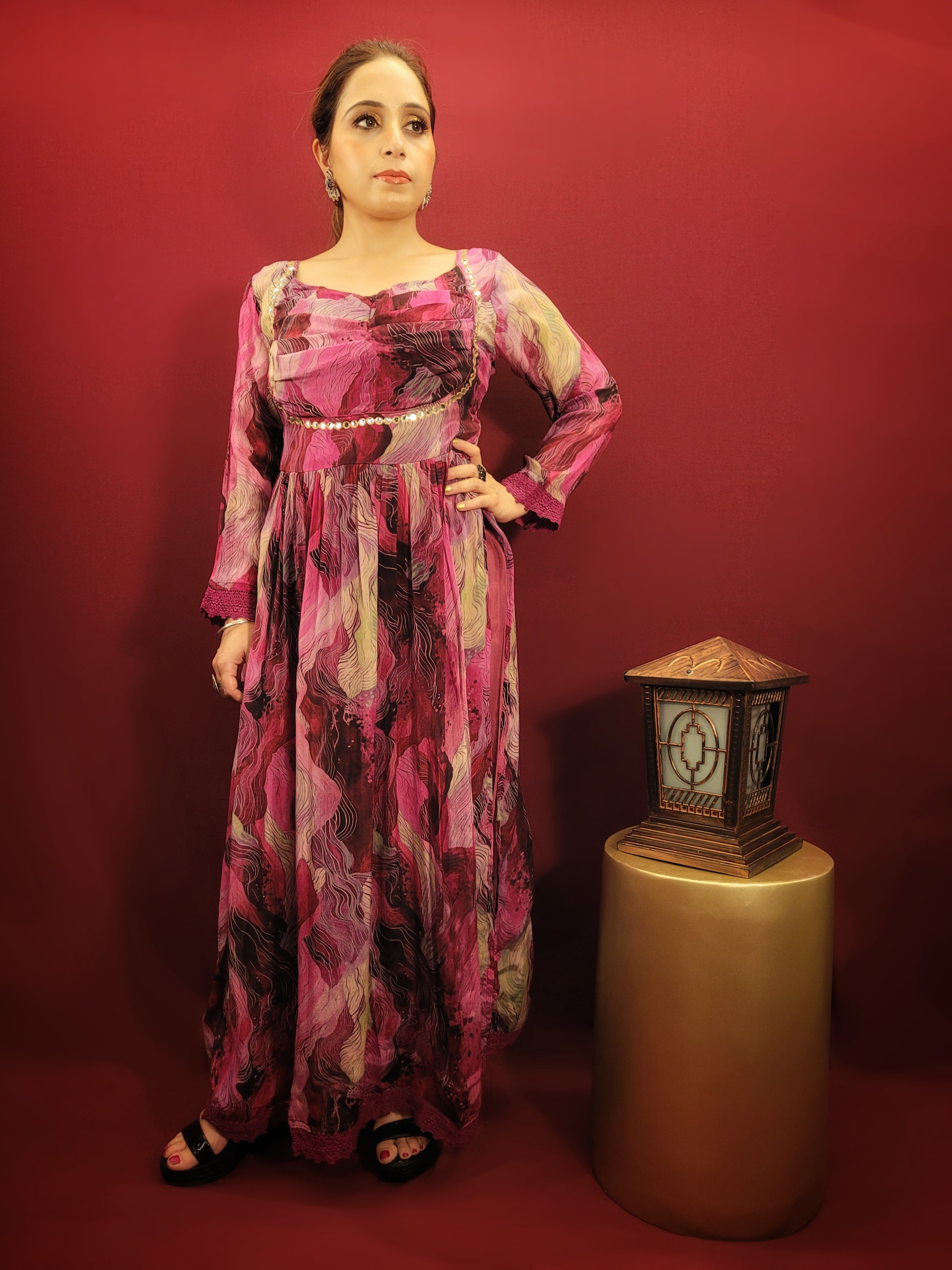 Alia Suit - Color: Multicolor on Magenta Base Fabric: Georgette Includes: Kurta, Afghani Pant, Dupatta