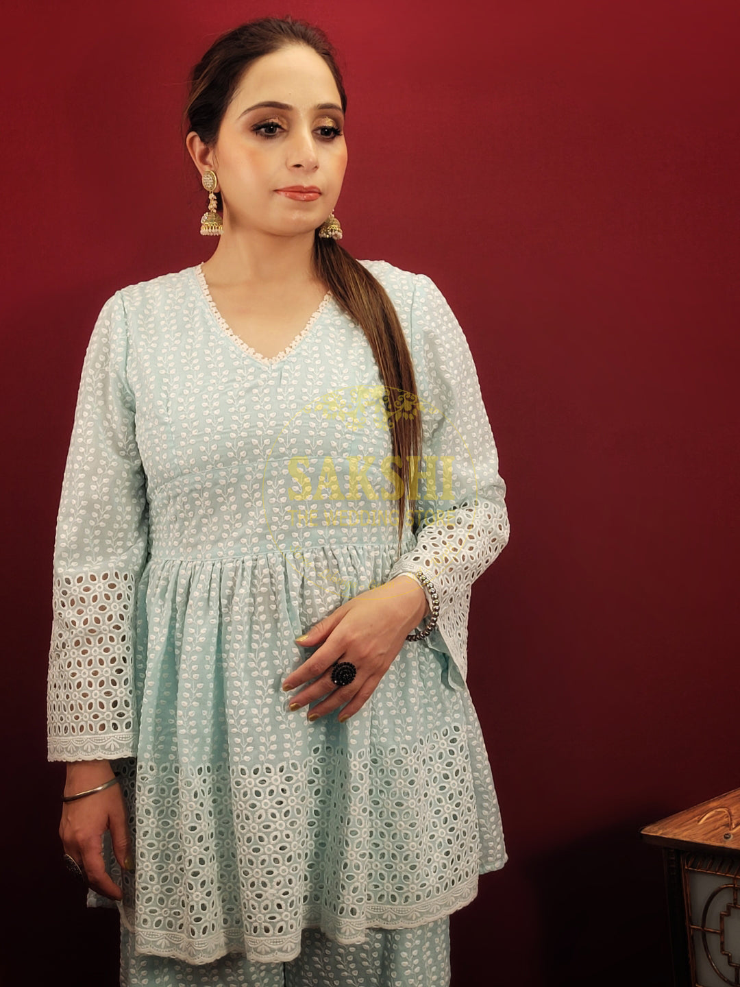 Sky Blue Cotton Chikankari Co-ord Set