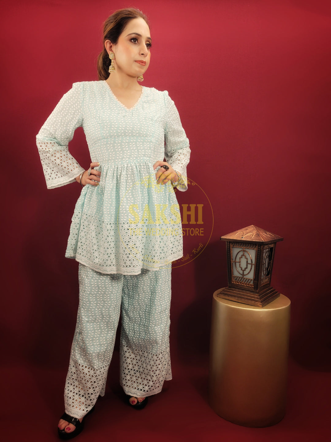 Sky Blue Cotton Chikankari Co-ord Set