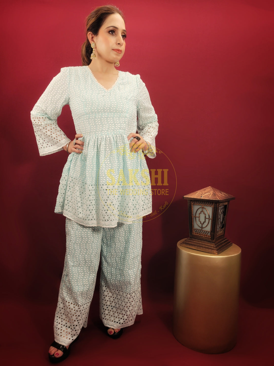 Sky Blue Cotton Chikankari Co-ord Set
