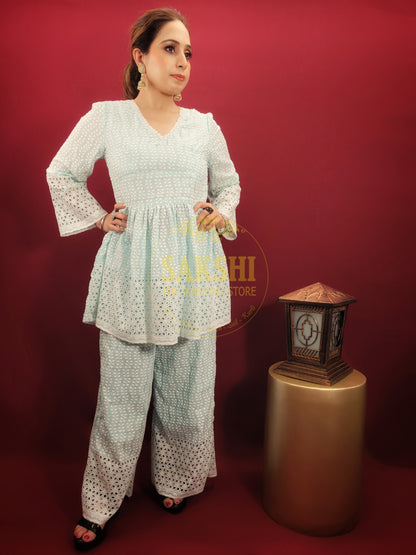 Sky Blue Cotton Chikankari Co-ord Set