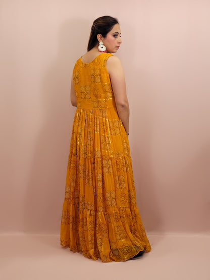 Yellow Chiffon Light-Weight Gown with Multicolor Print