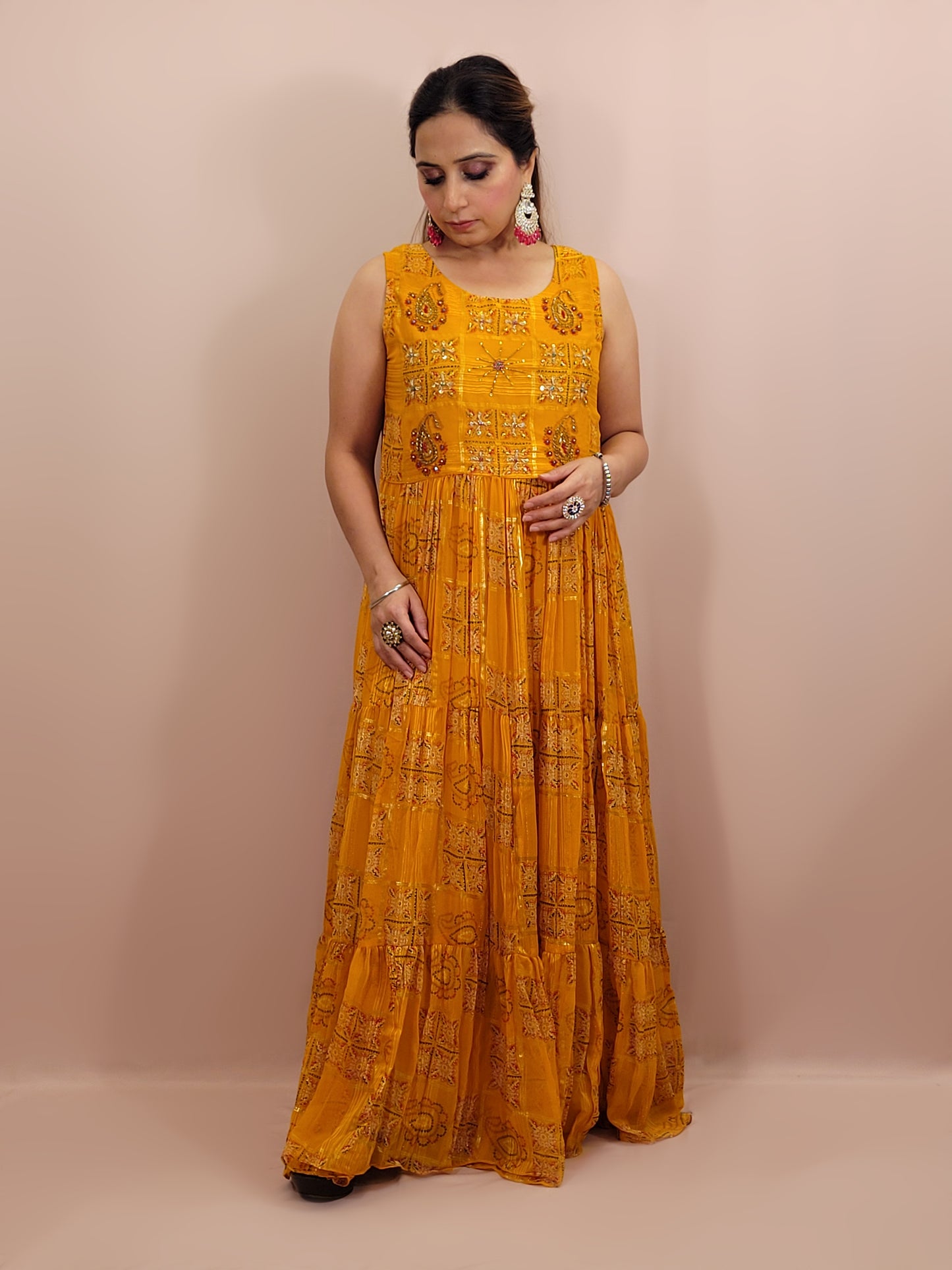 Yellow Chiffon Light-Weight Gown with Multicolor Print