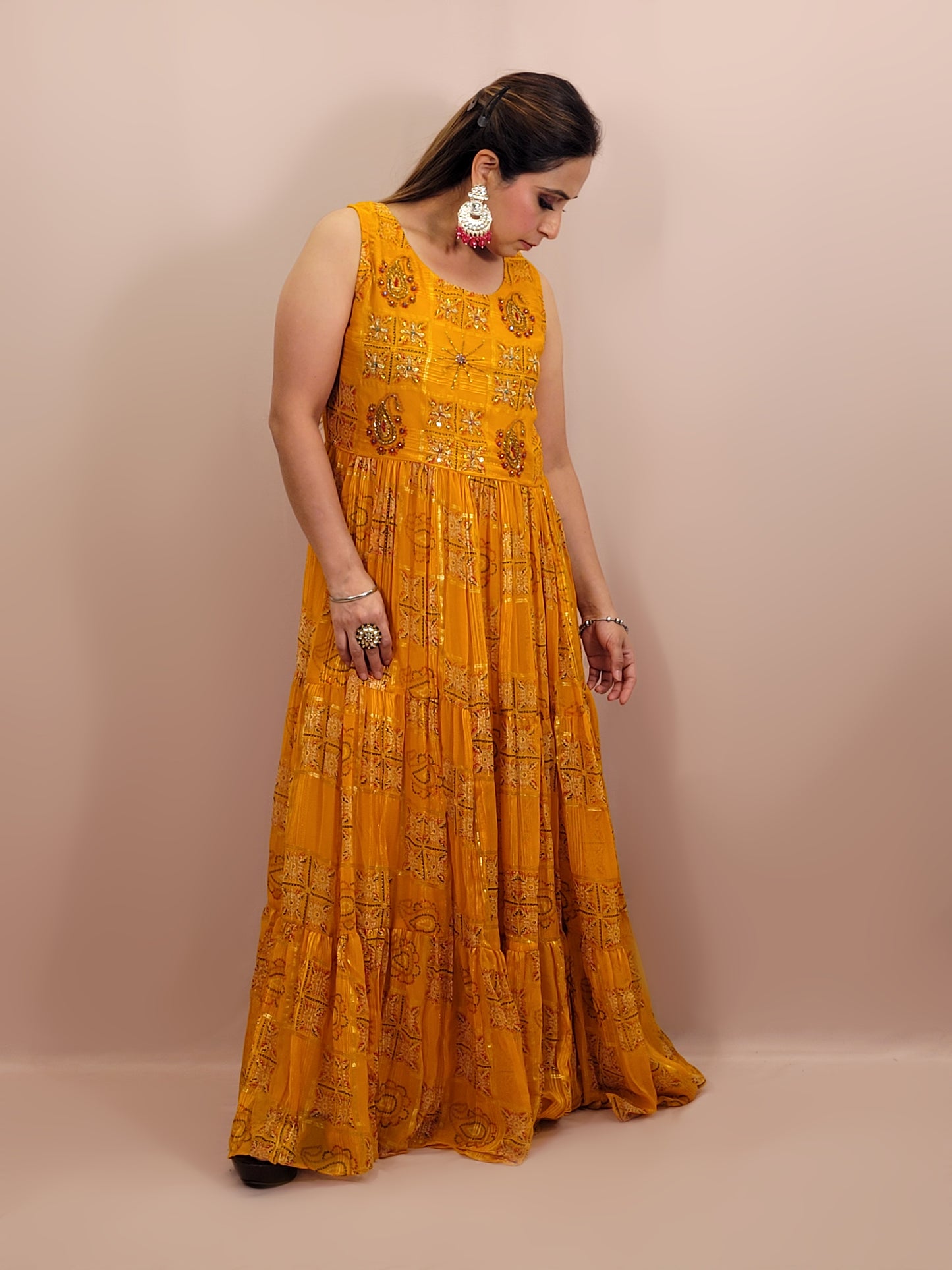 Yellow Chiffon Light-Weight Gown with Multicolor Print. Highlighted with beads work.