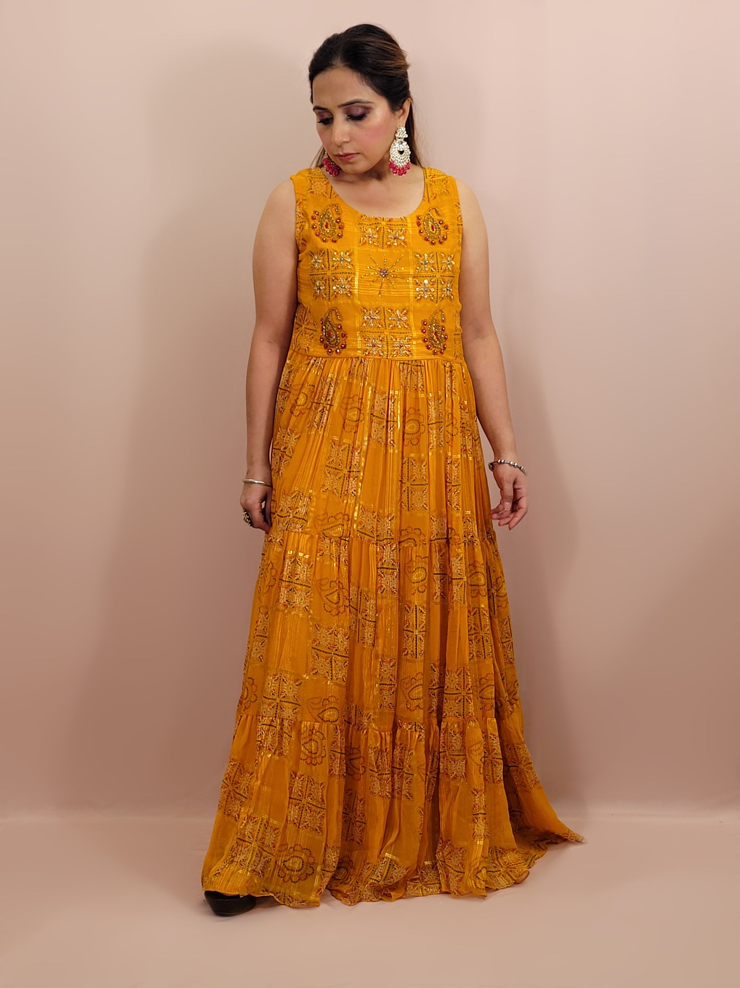 Yellow Chiffon Light-Weight Gown with Multicolor Print. Highlighted with beads work.