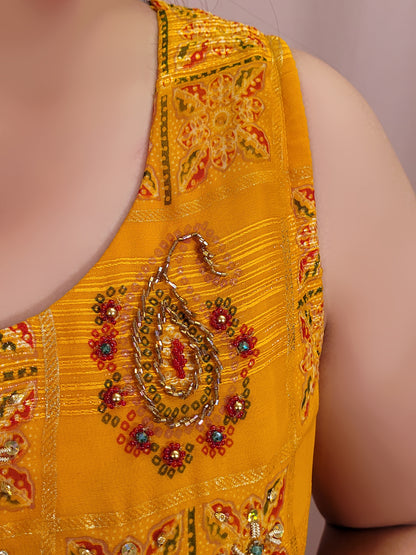 Yellow Chiffon Light-Weight Gown with Multicolor Print. Highlighted with beads work.